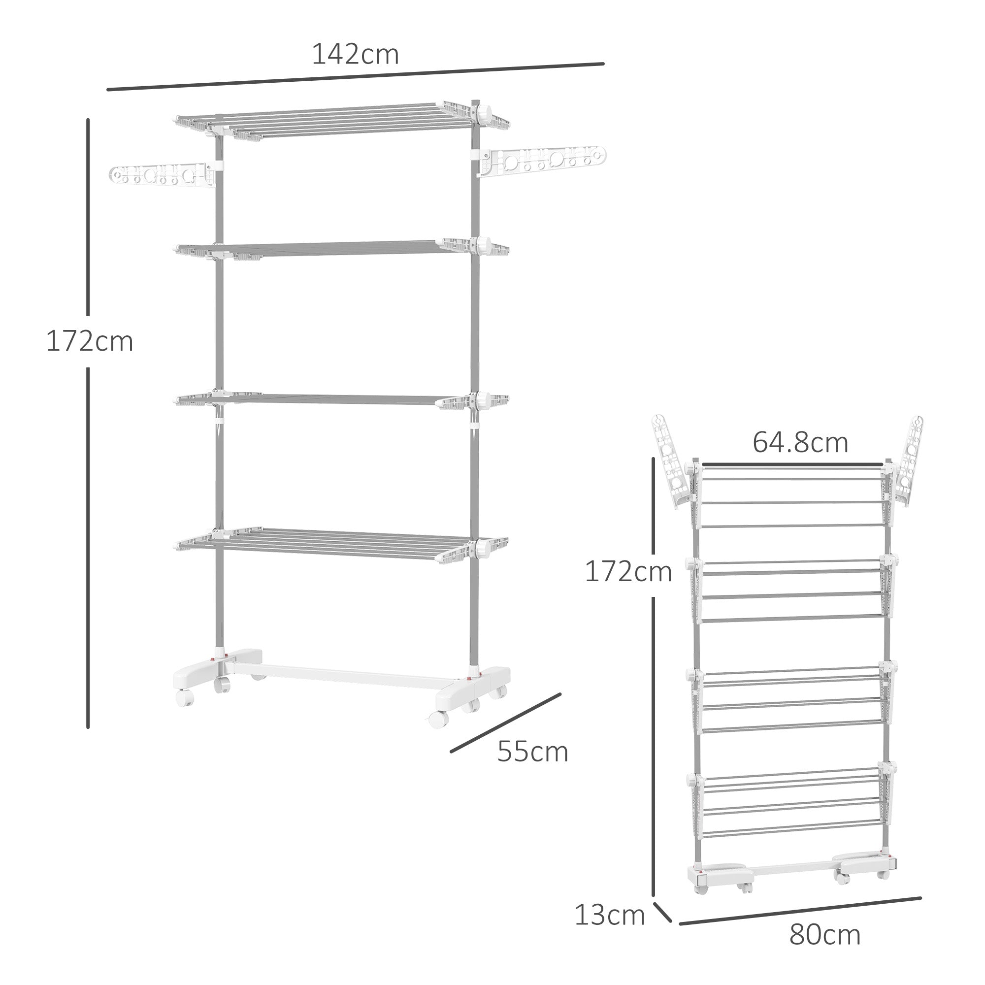 Mobile Clothes Airer, Foldable 4 Levels with Wheels, White ABS