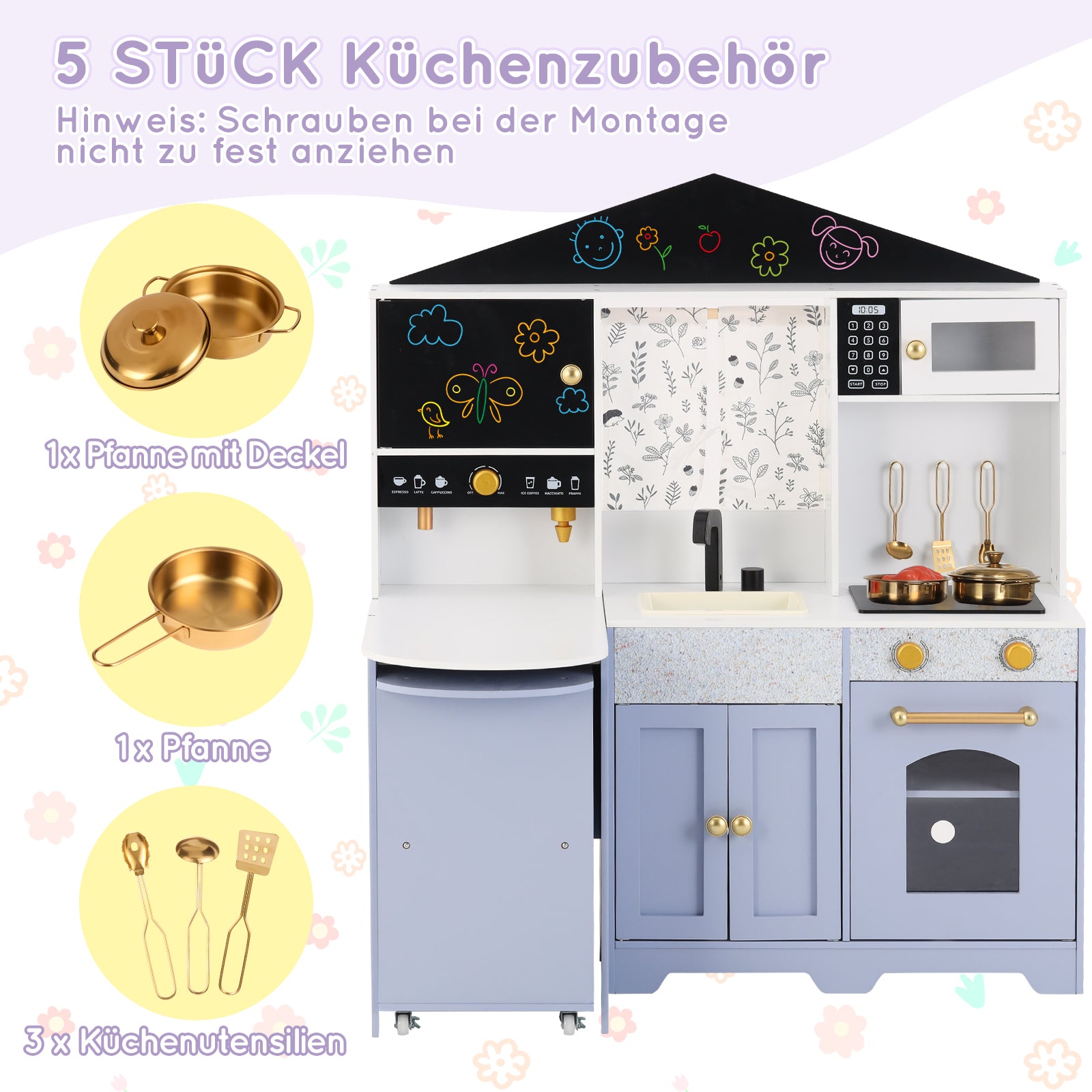 Children's Play Kitchen with Creative House Design and Accessories, White and Purple