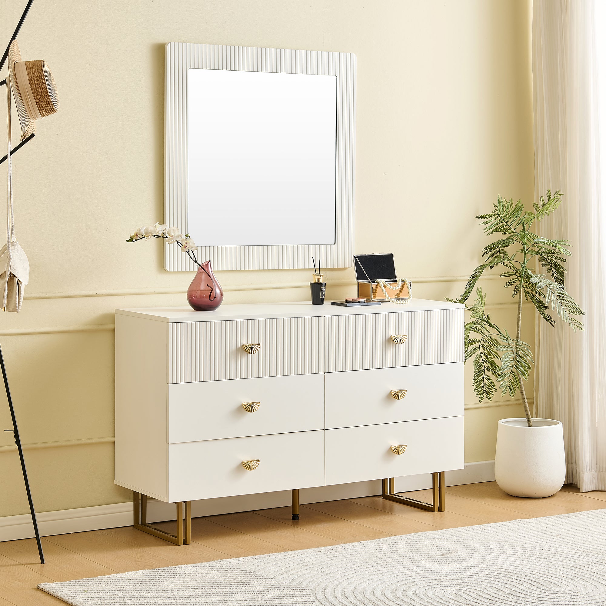 Modern Sideboard and Mirror Set, 6-Drawer Chest, White