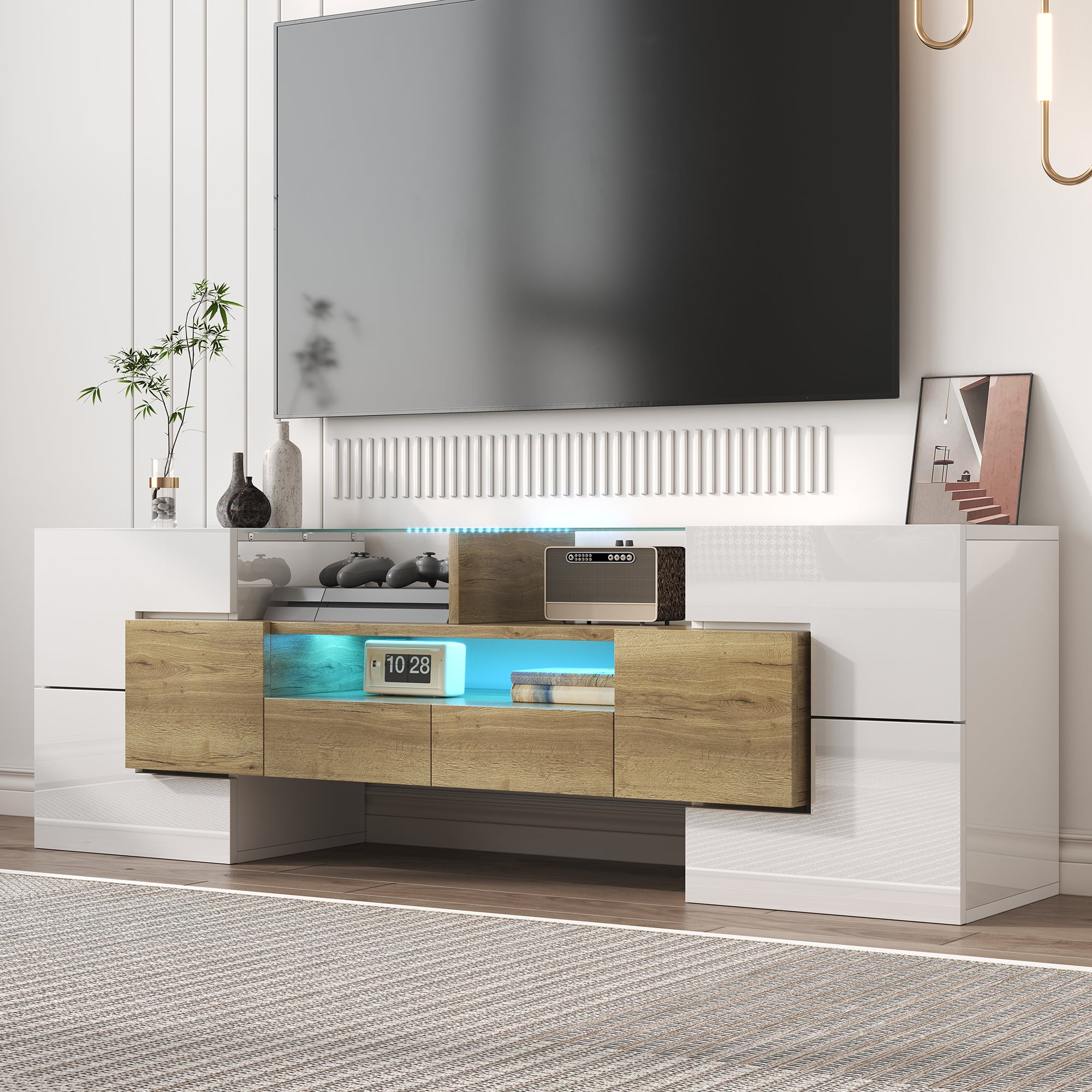 TV Cabinet, 145 cm LED Lighting, High-Gloss White Glass