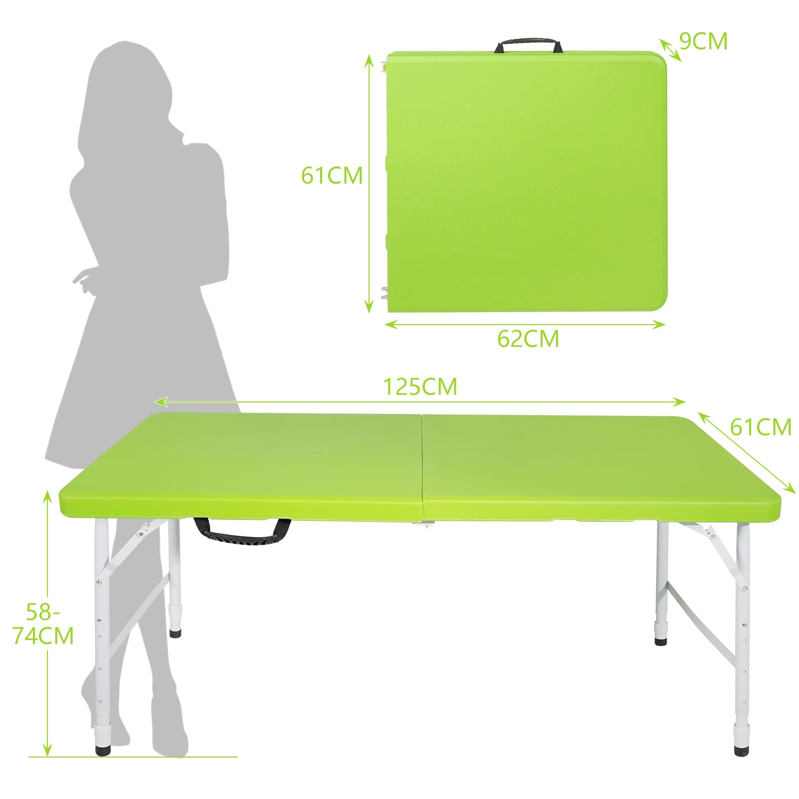 Portable Heavy Duty Folding Table with Handle, Adjustable Height, Multi-Functional for Camping, Picnic, Parties, Indoor/Outdoor, 125cm, 135kg Capacity, Green