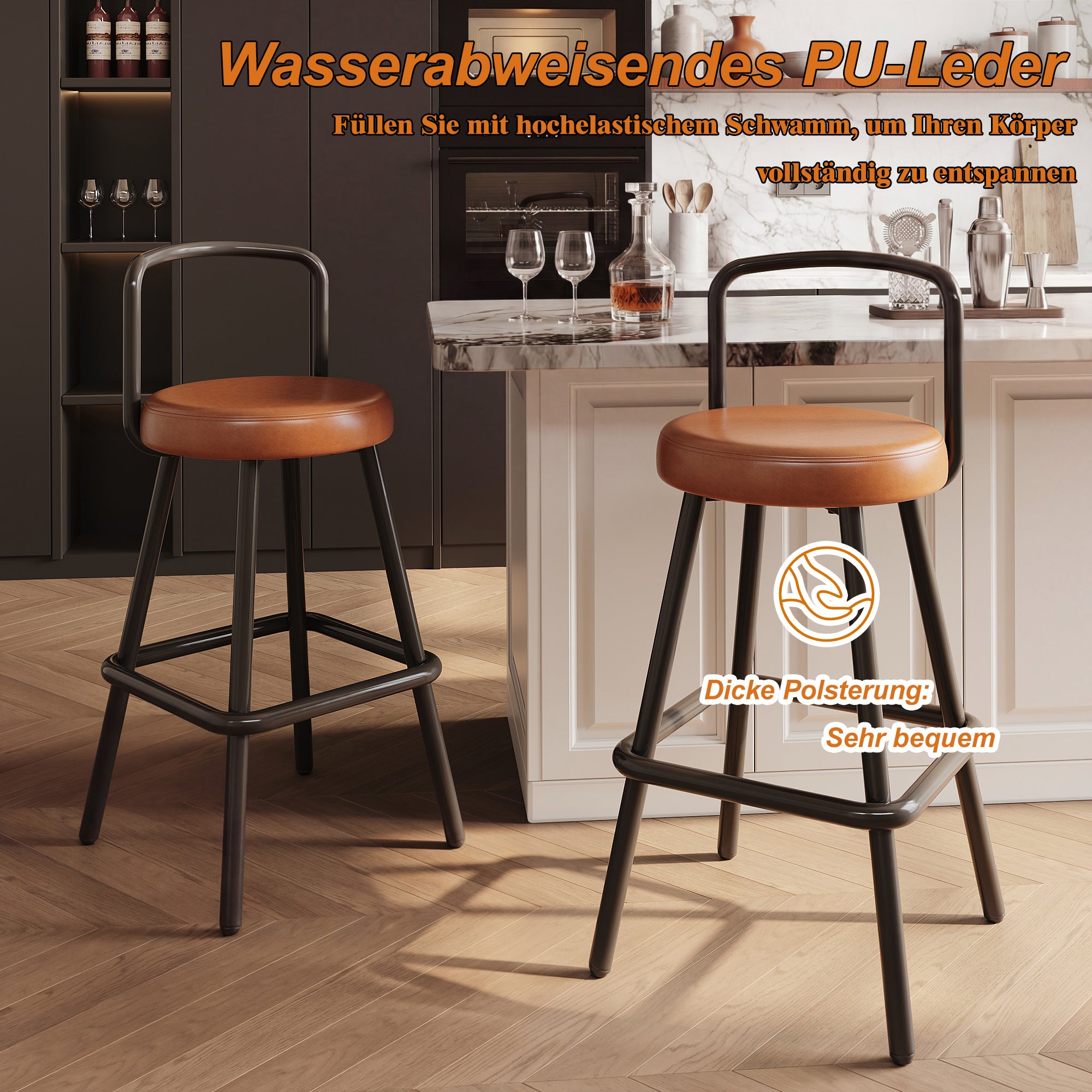 Modern Bar Stools Set of 2 with Ergonomic Backrest and Footrest, PU Leather and Iron, Brown