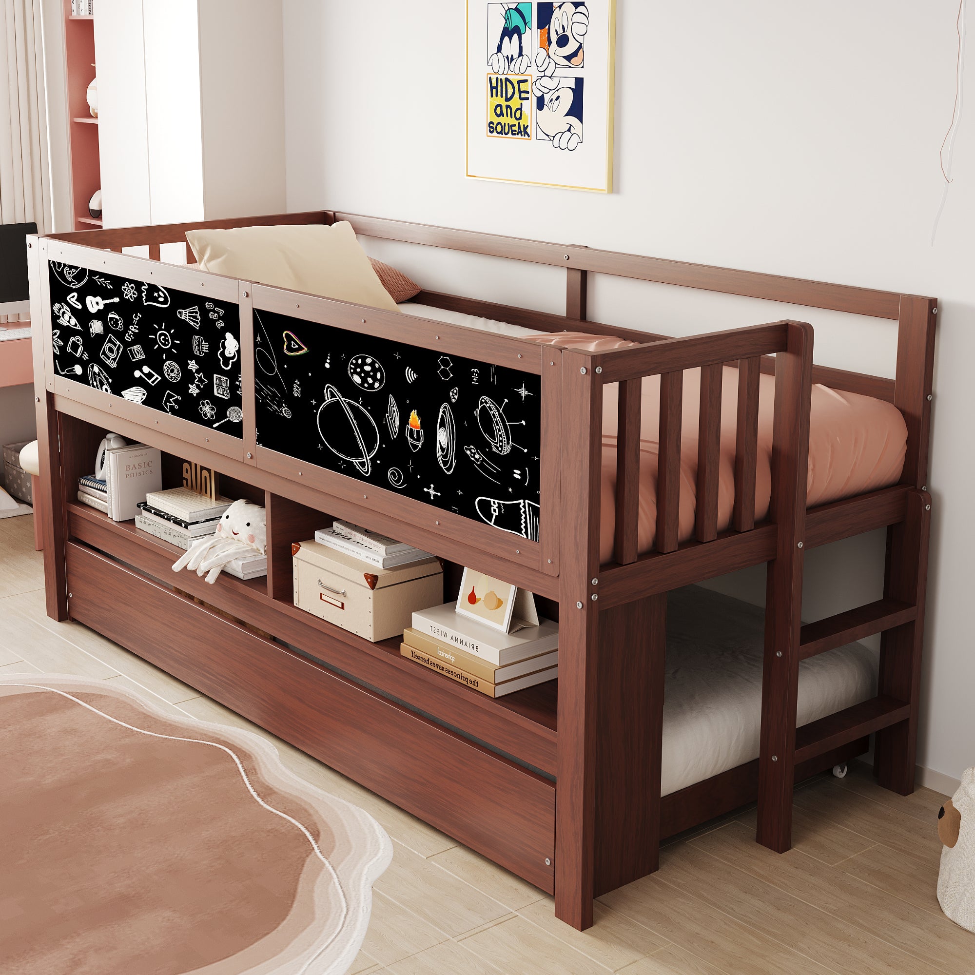 Children's House Bunk Bed Extendable, Chalkboard & Climbing Ladder, Solid Wood, Brown