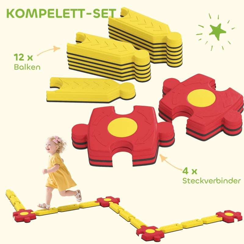Children's Balance Beam Set with Freely Configurable Flexible Parts, Yellow and Red Plastic