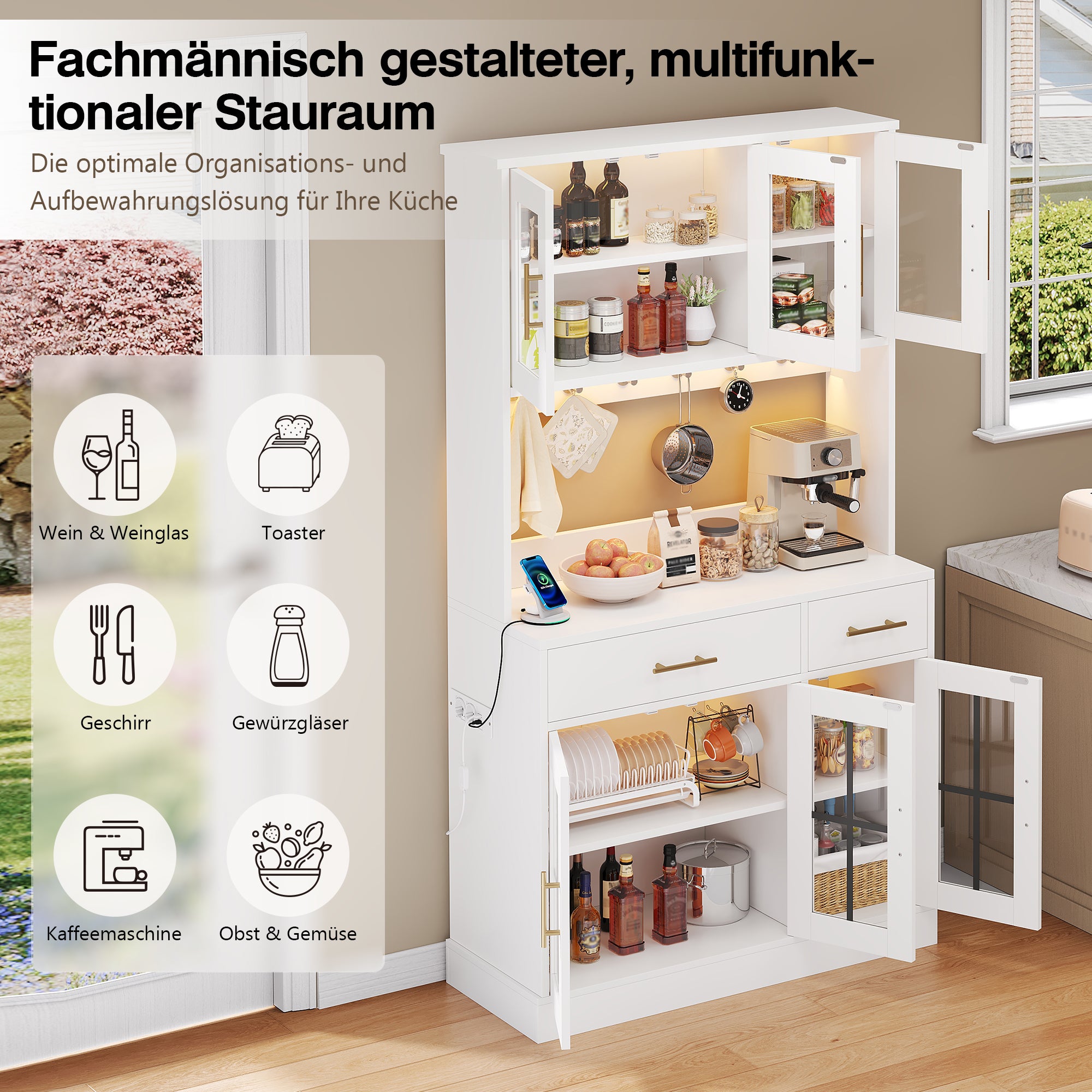 Kitchen Sideboard 180x100cm LED Socket 6 Doors 2 Drawers Adjustable Shelves - White