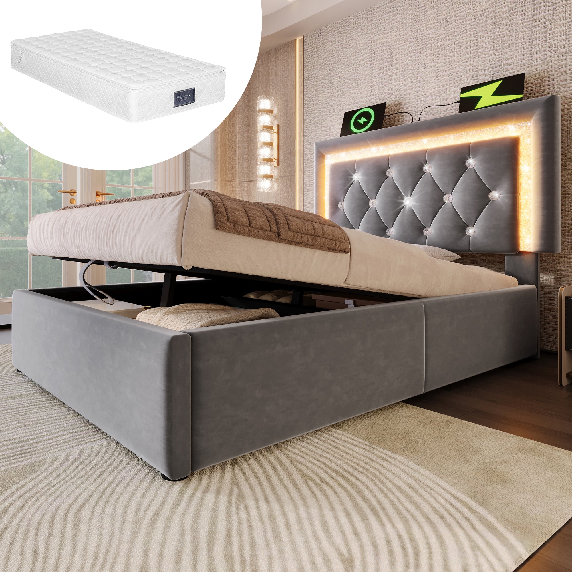 Upholstered Single Bed 90x200cm Hydraulic Storage LED USB/Type-C Charging - Velvet Grey