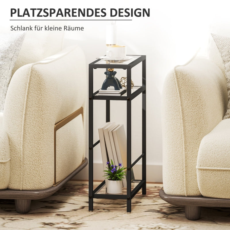 Side Table, 3 Levels Tempered Glass with Steel Frame, Black