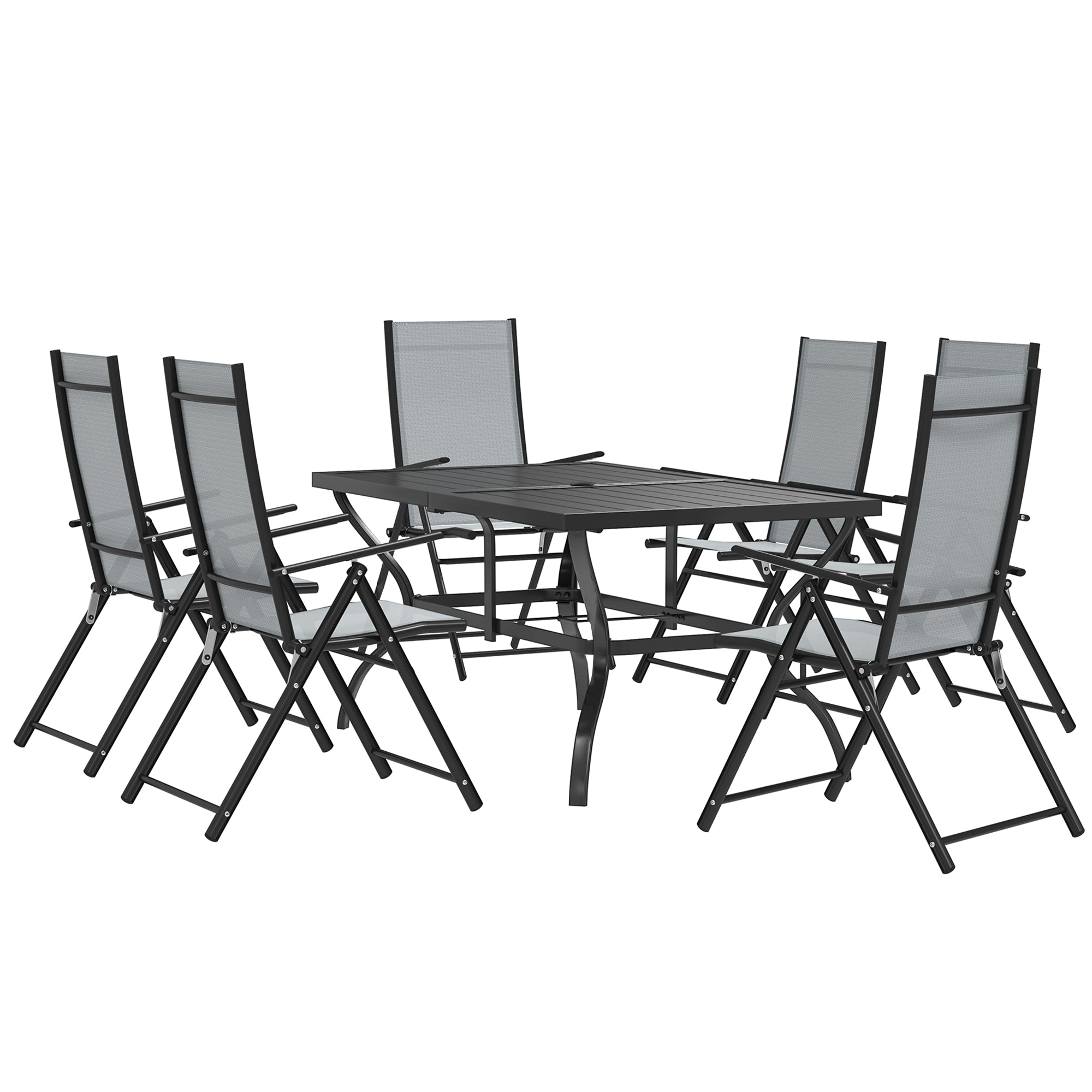Seven-Piece Dining Set, Parasol Hole, Steel, Grey