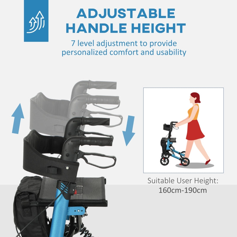 Folding Rollator Walker, Lightweight with Seat, Backrest, Dual Brakes, Adjustable Handle Height, and Storage Bag, Blue