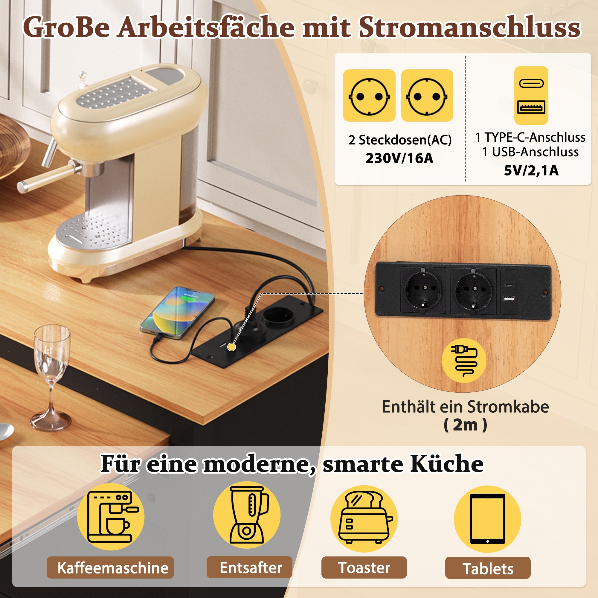 Kitchen Island Mobile Extendable Dining Worktop Waste Bin Power Strips - Black