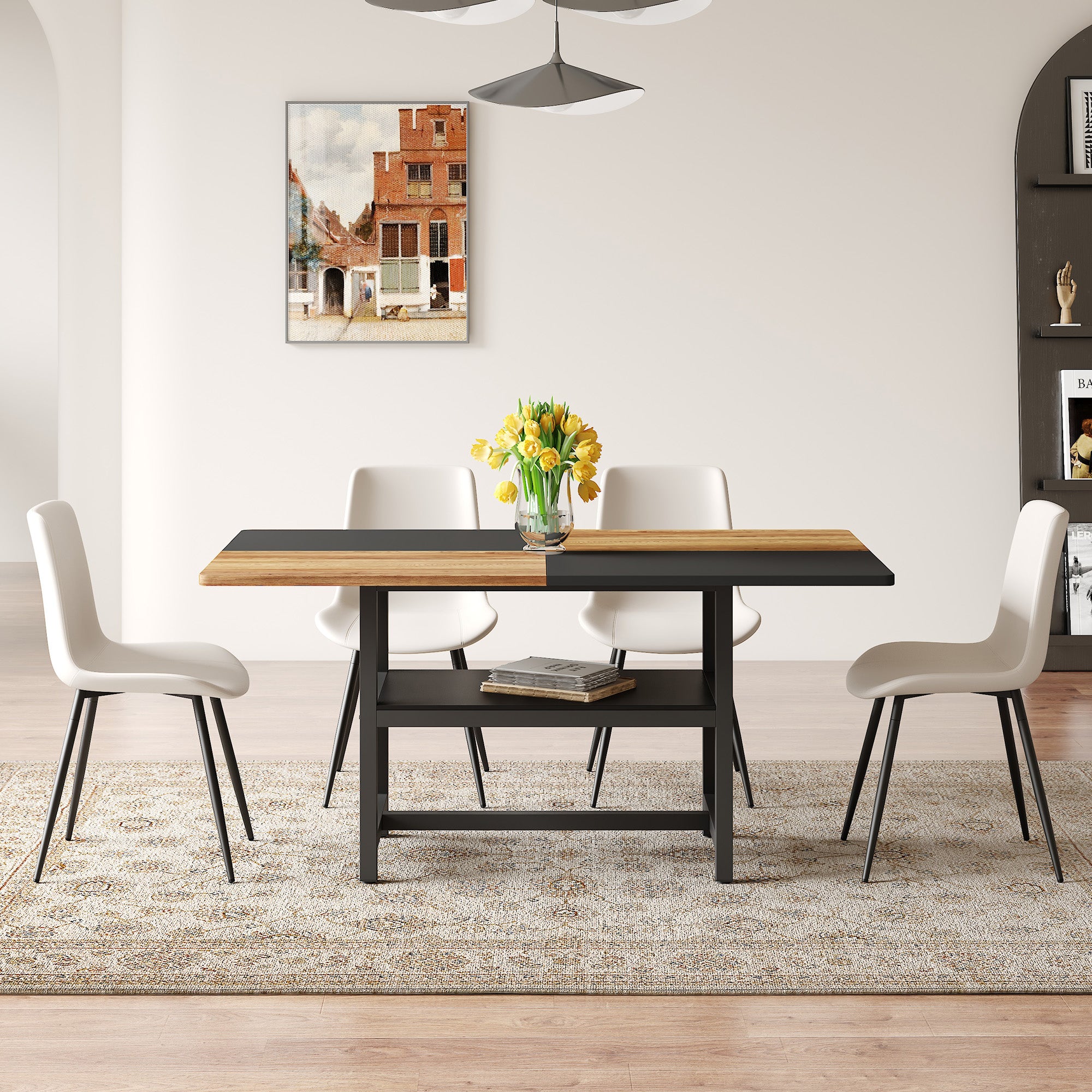 160 cm Rectangular Dining Table Set, Multifunctional Storage & 4 Chairs, White PU