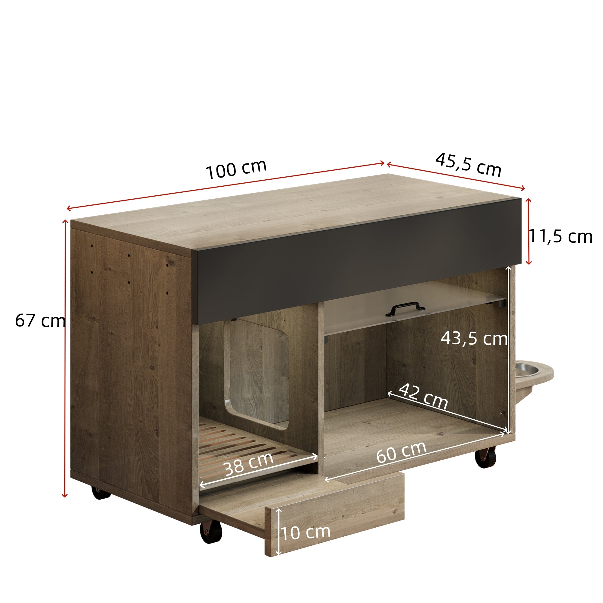 Movable Cat Litter Box Cabinet Food Bowls Sand Tray Pegboard 100x45.5x67cm - Oak