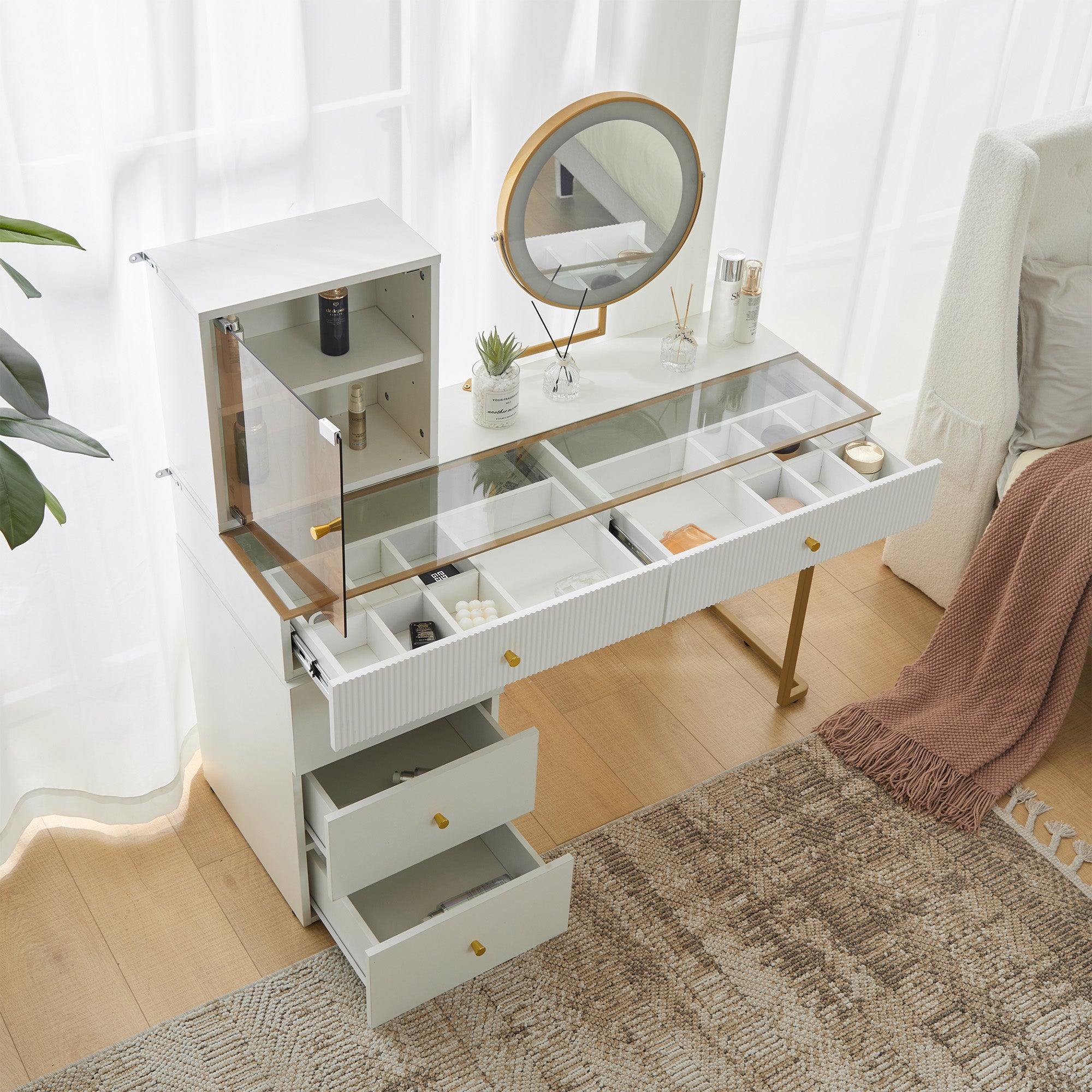 Dressing table set with LED-illuminated mirror, transparent tempered glass tabletop, side cabinet, white
