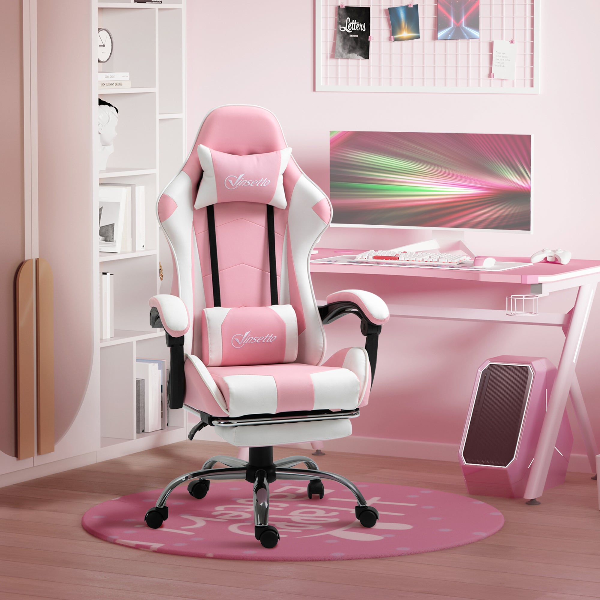 Ergonomic Gaming Chair: Reclining with Footrest, Lumbar Support, Adjustable Height - Pink PU Leather