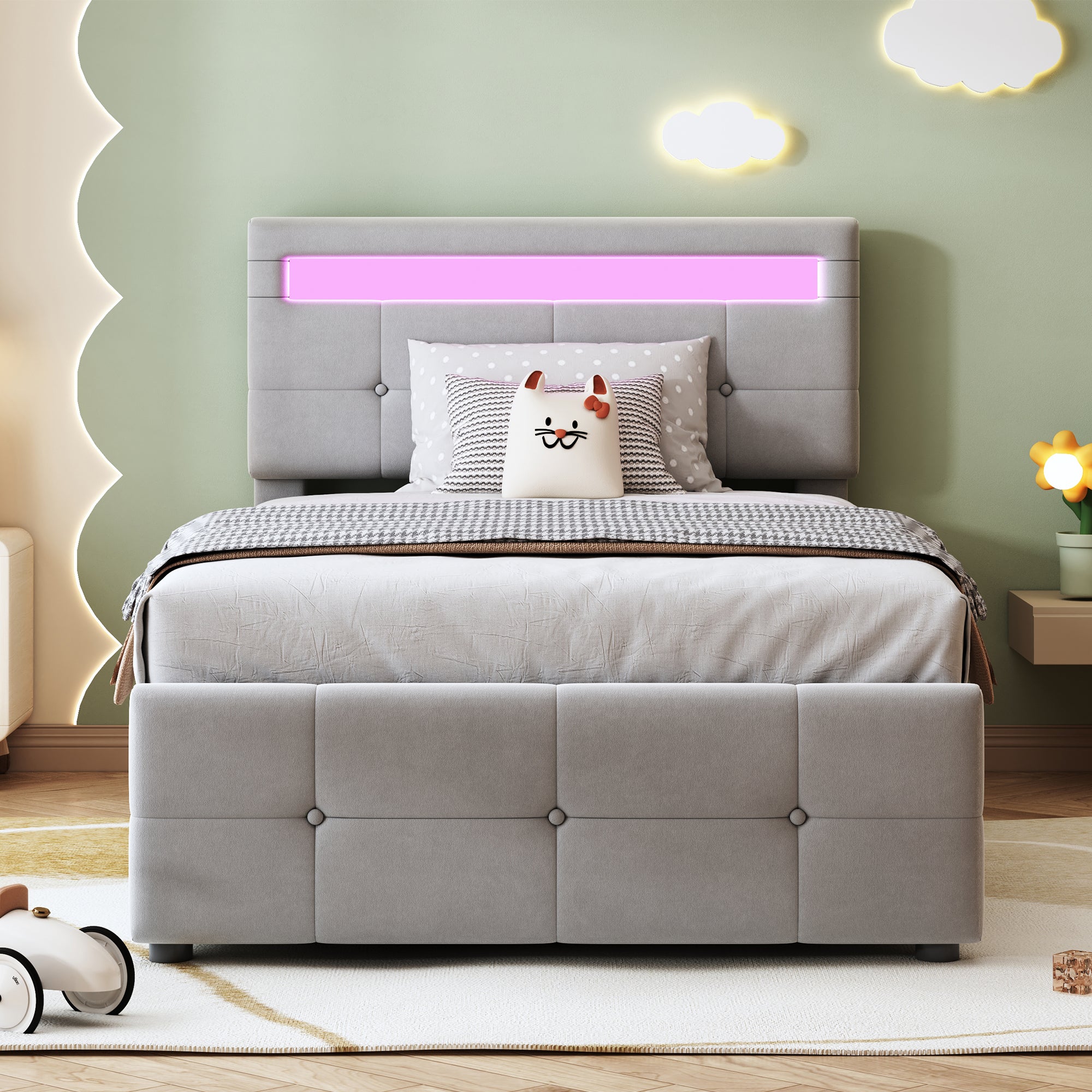 Upholstered Children's Bed, 90x200 cm with LED, Hydraulic Storage, Adjustable Headboard, Velvet Grey