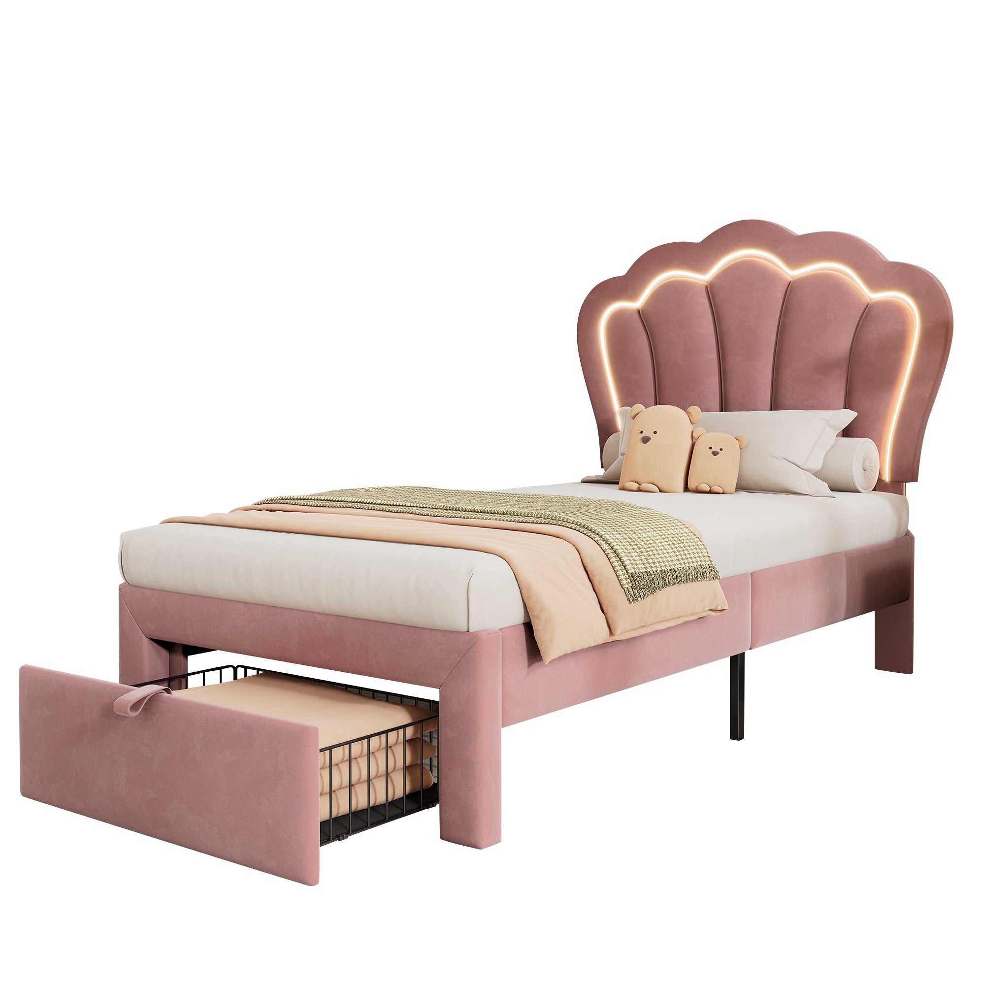 Children's Bed, LED Single with Drawers, APP-Control, Adjustable Headboard, Velvet Pink