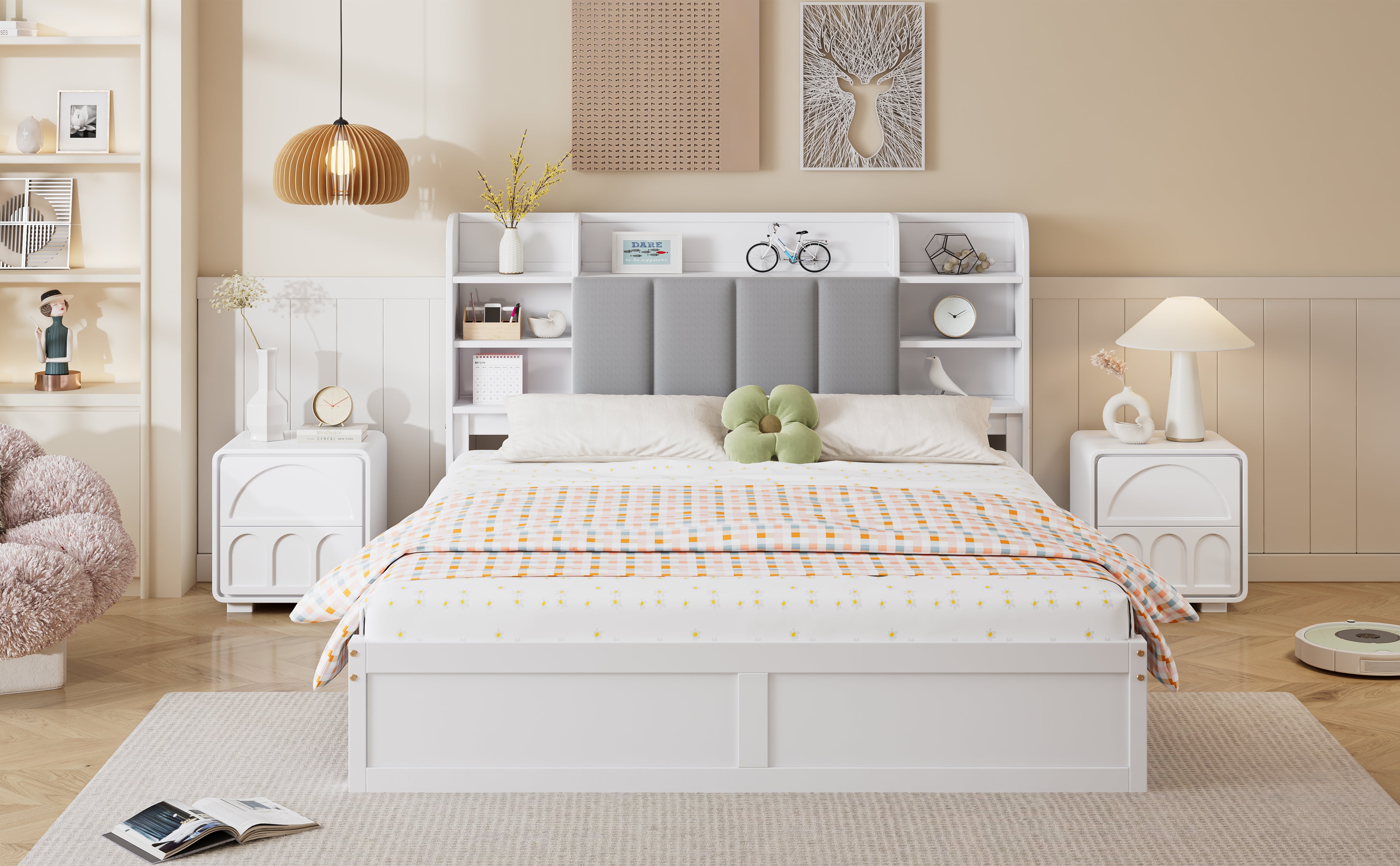 Double Bed, Open Shelf, 3 Drawers, Pine Frame, White+Grey