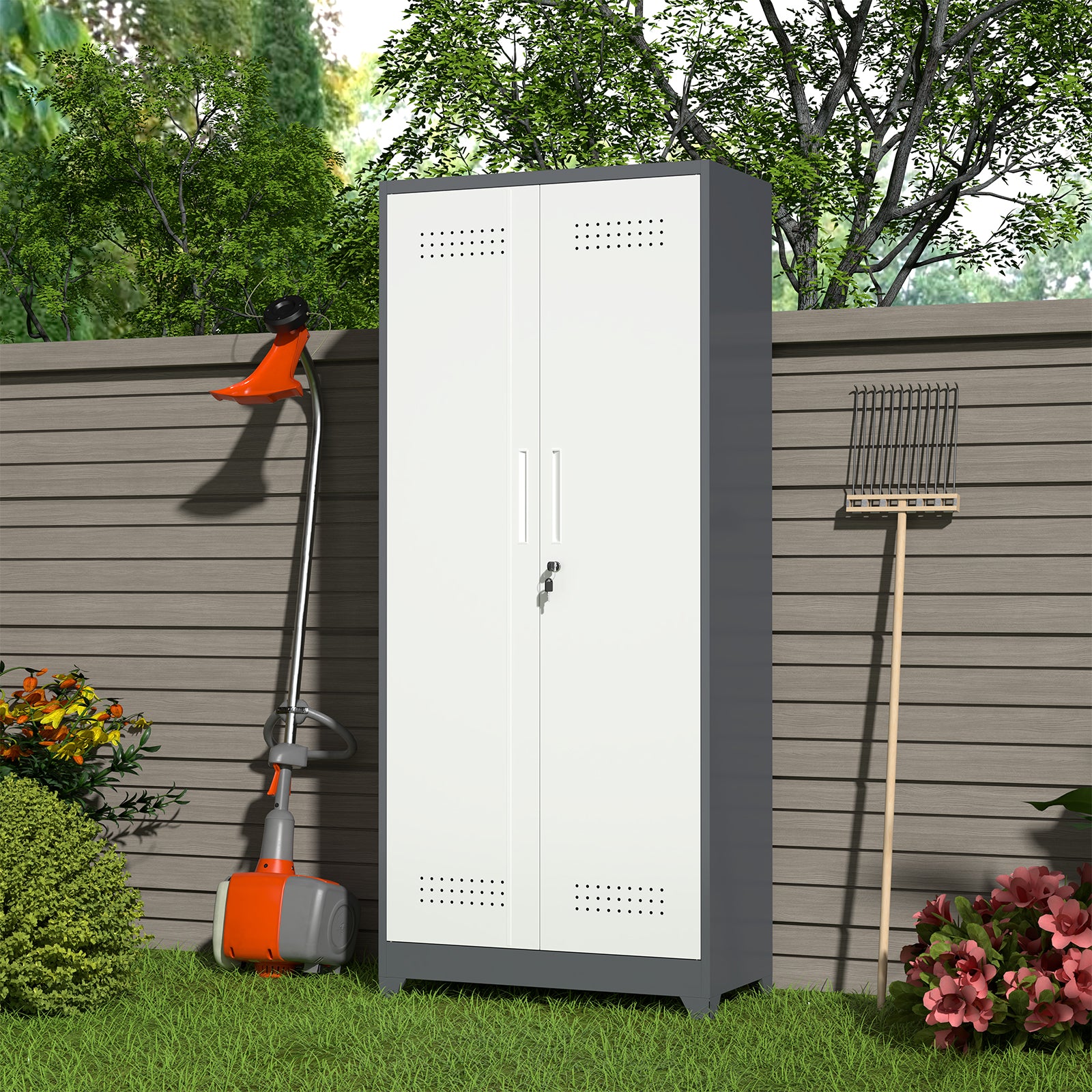 Broom Storage Cabinet with Locking Doors, Hanging Rod and S-Hooks, 65 Inch Metal, Gray