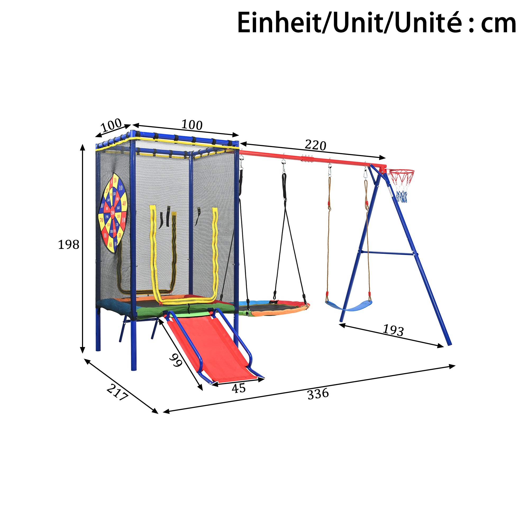 Multifunctional Outdoor Swing Set with Trampoline, Slide, Basketball Hoop and Nest Swing, Stable Steel Construction