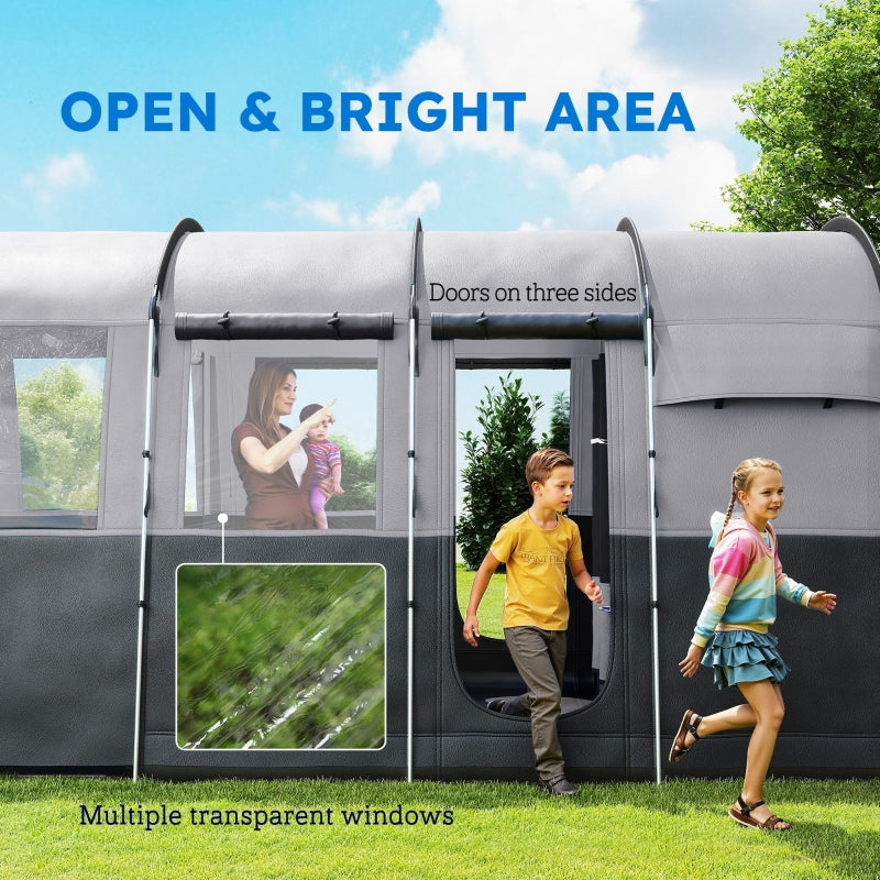 8-Person Camping Tent, Waterproof Family Tunnel Design, Grey