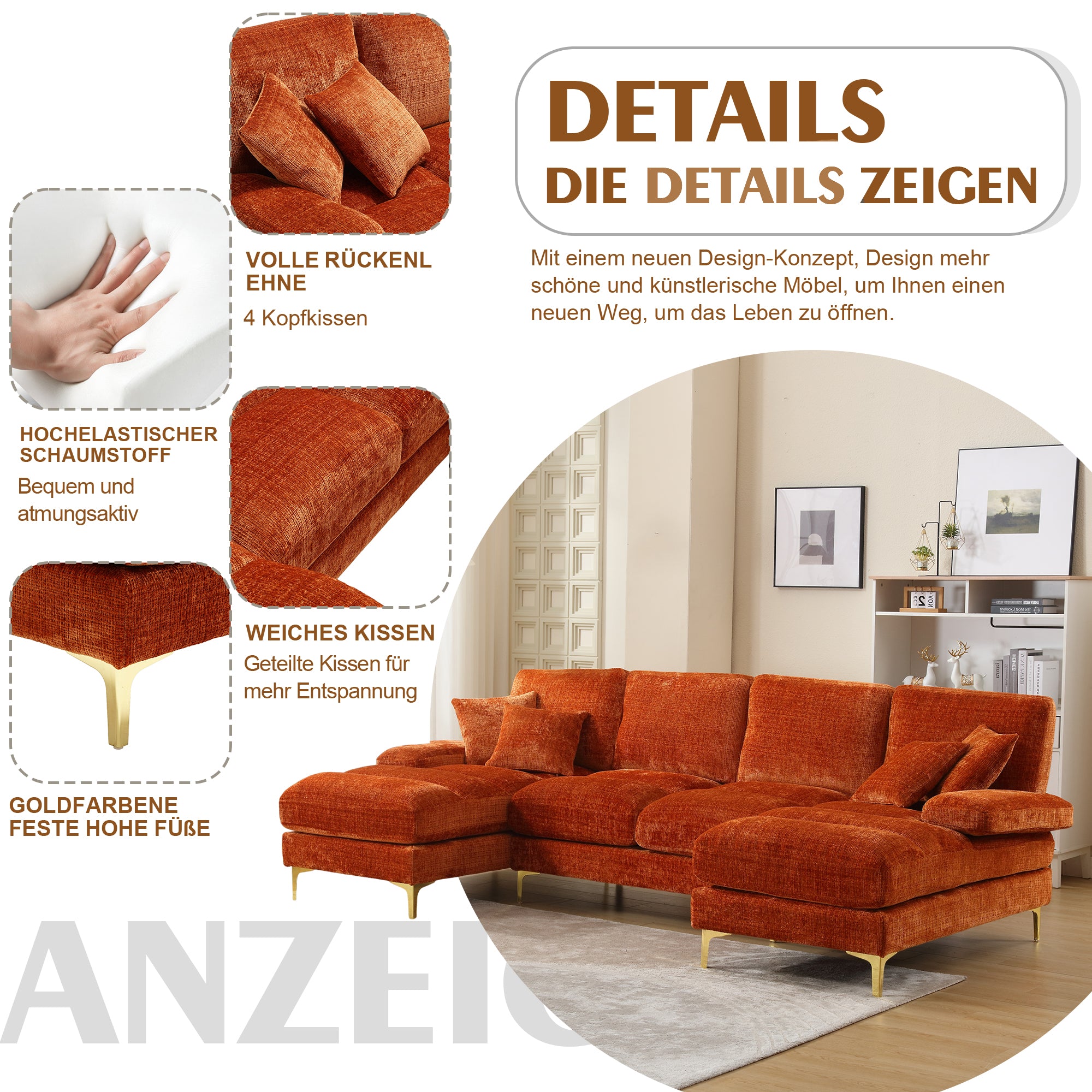 Sofa, Modern Large U-Shape Sectional with Double Reclining Seats, Chenille Orange