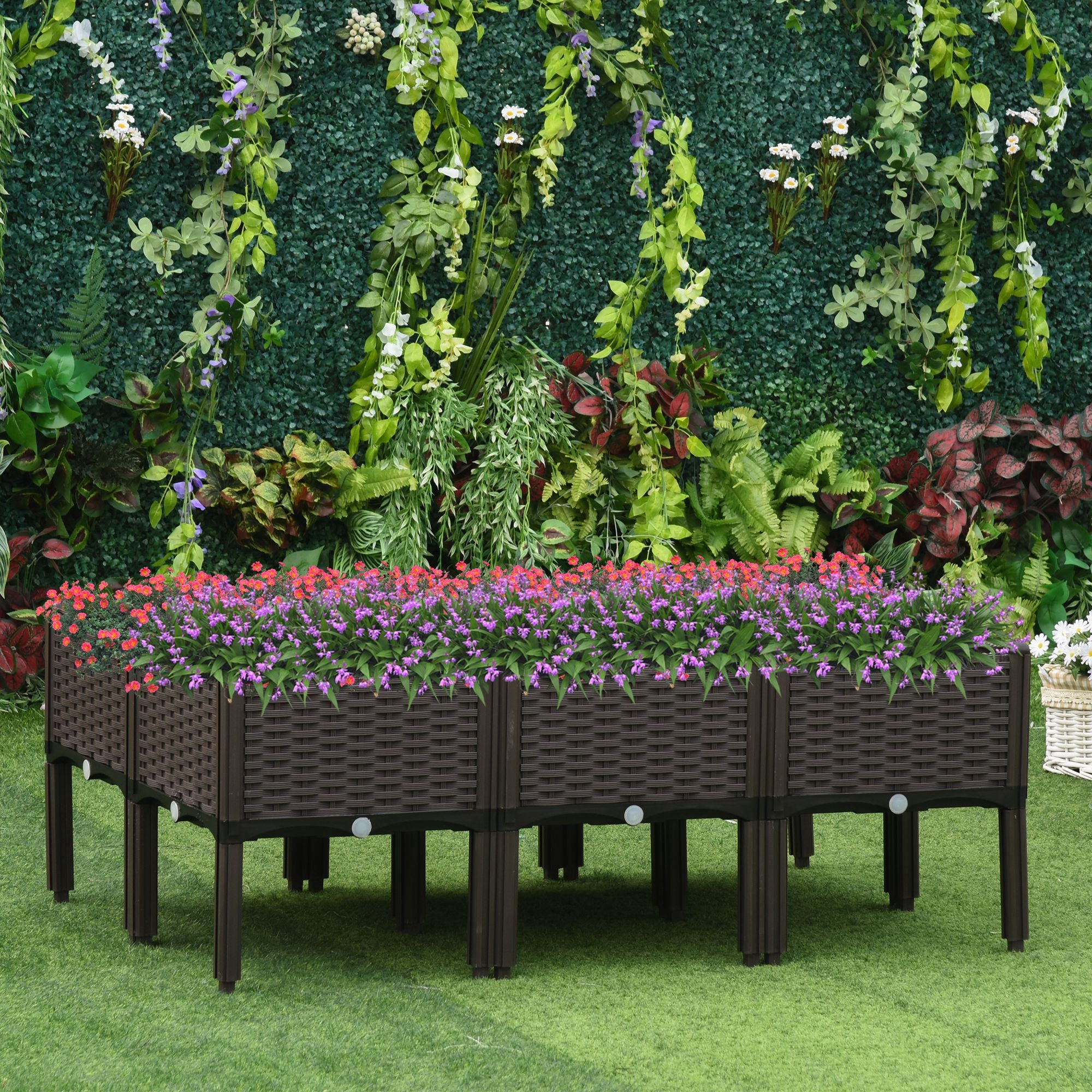 Raised Bed Planter 6-Piece Rattan Look with Drainage Holes Brown
