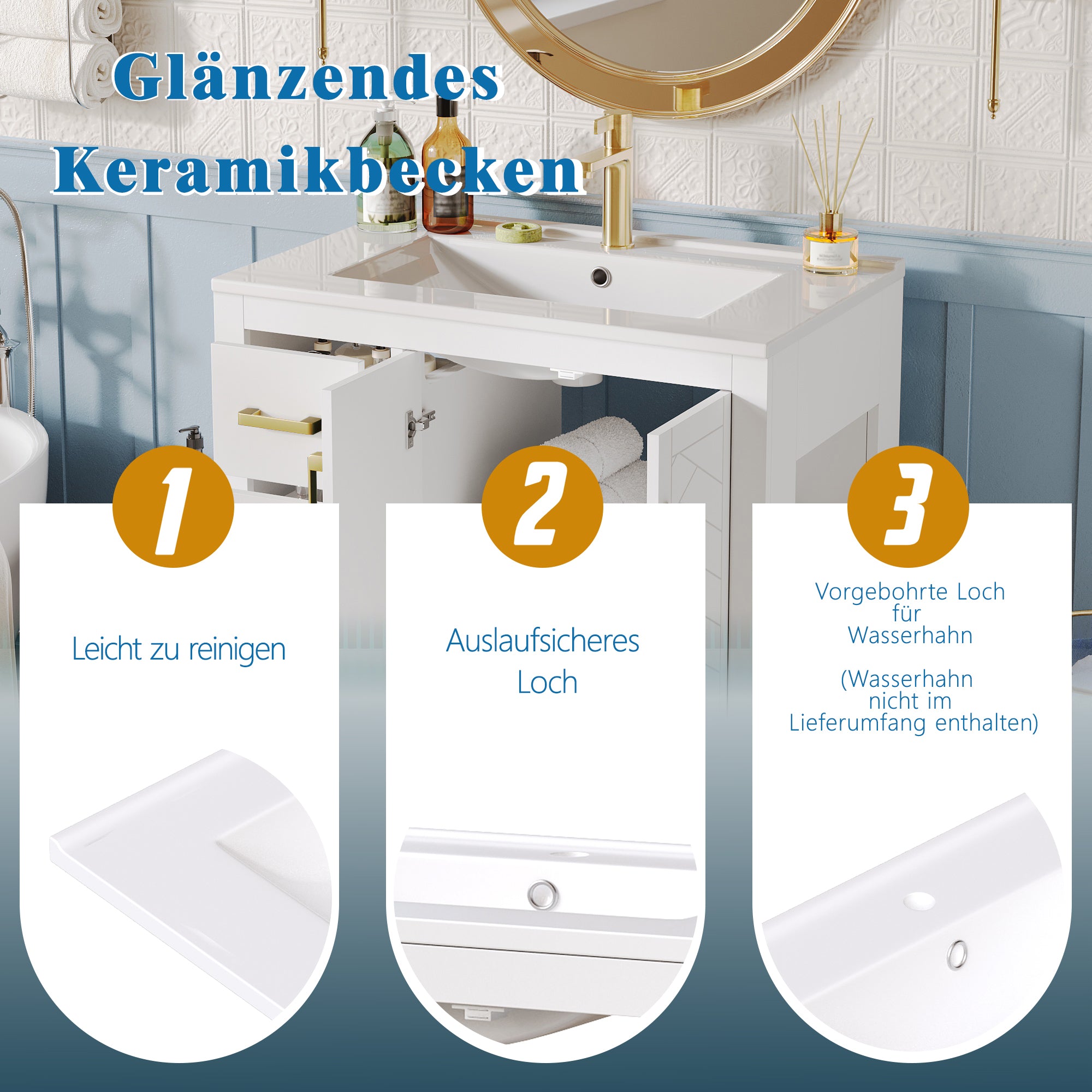 Bathroom Vanity Unit with Ceramic Sink and 3 Drawers, White