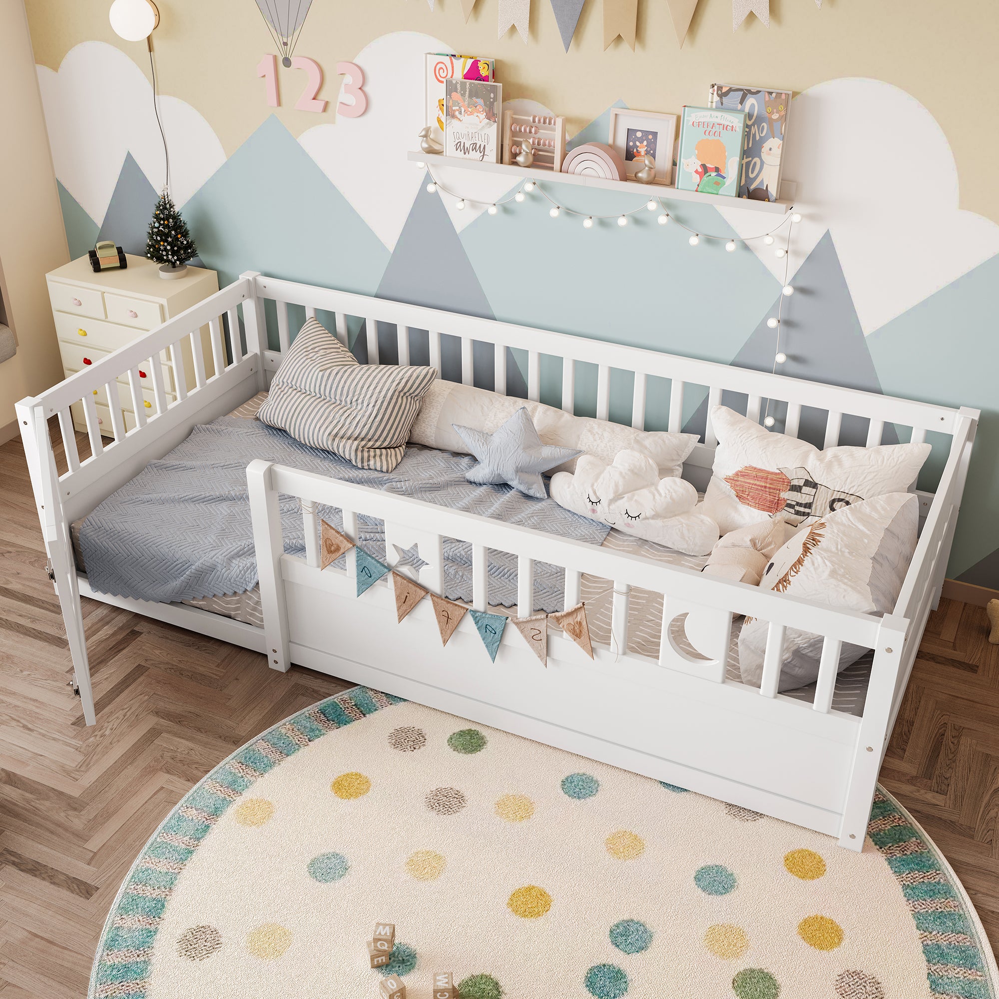 Panel Bed, Children's 90 x 190 cm with Railing Star & Moon Decoration, White