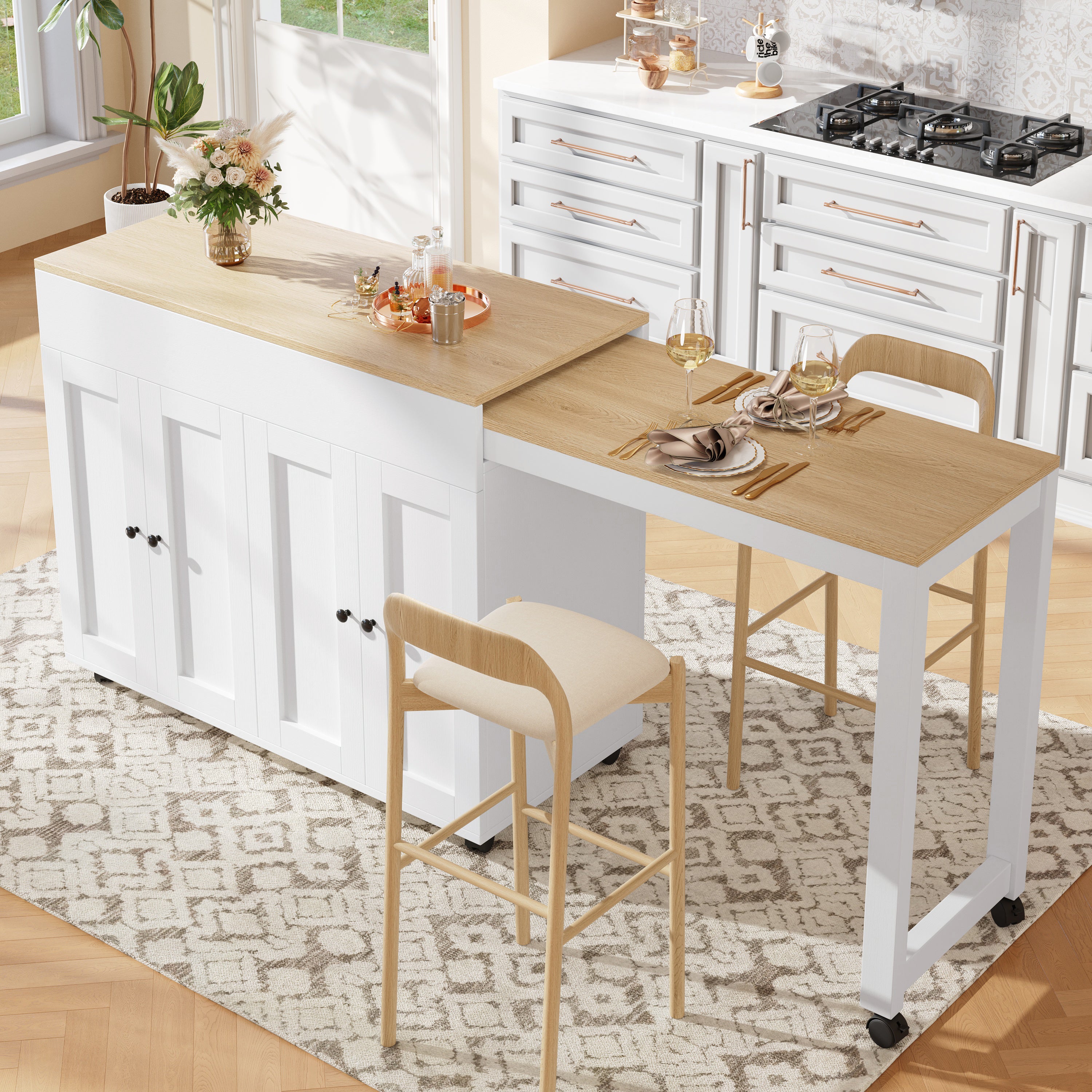 Extendable Bar Table Dining Table with Storage 6 Shelves - White