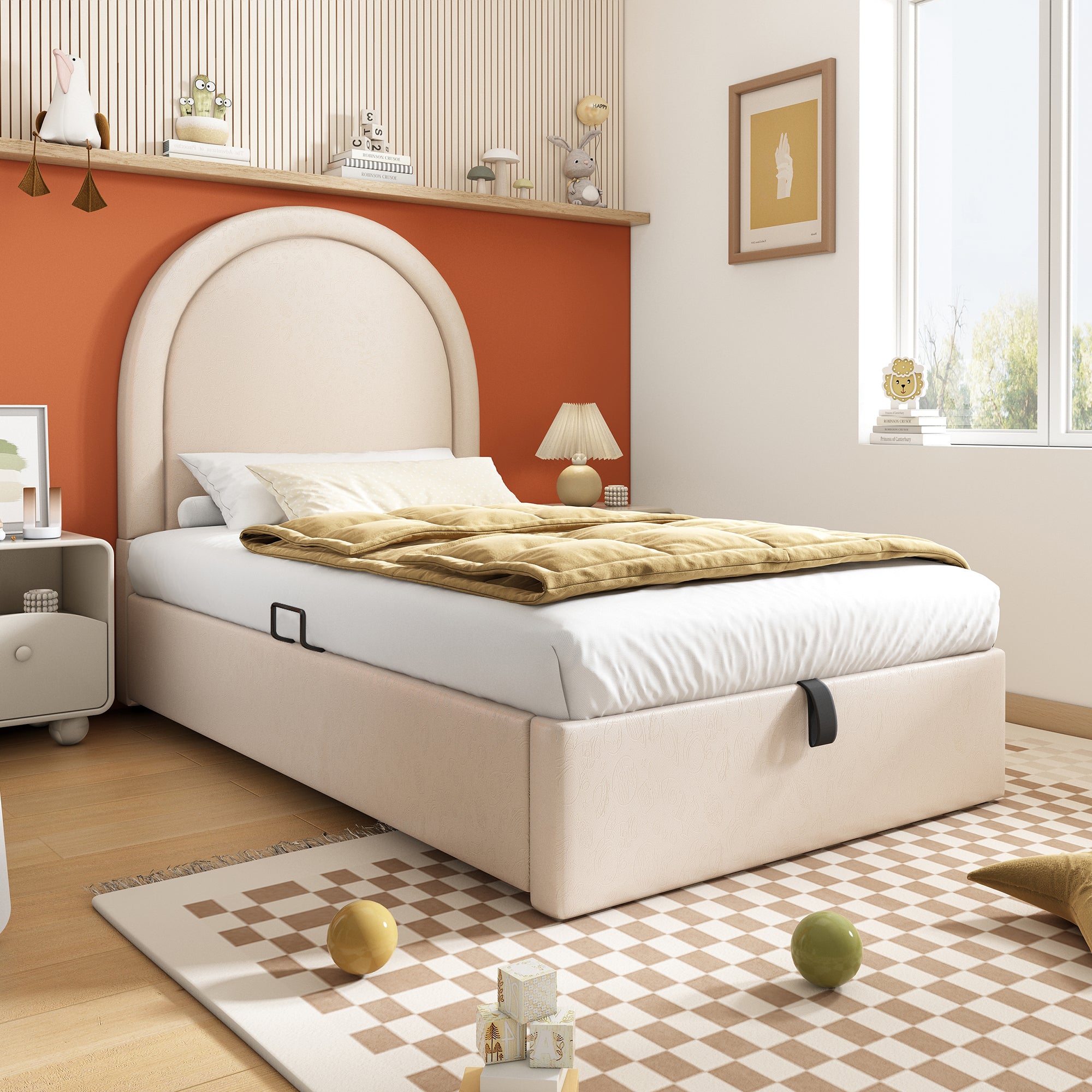 Upholstered Children's Bed, Single with Cosmic Pattern, Beige PU
