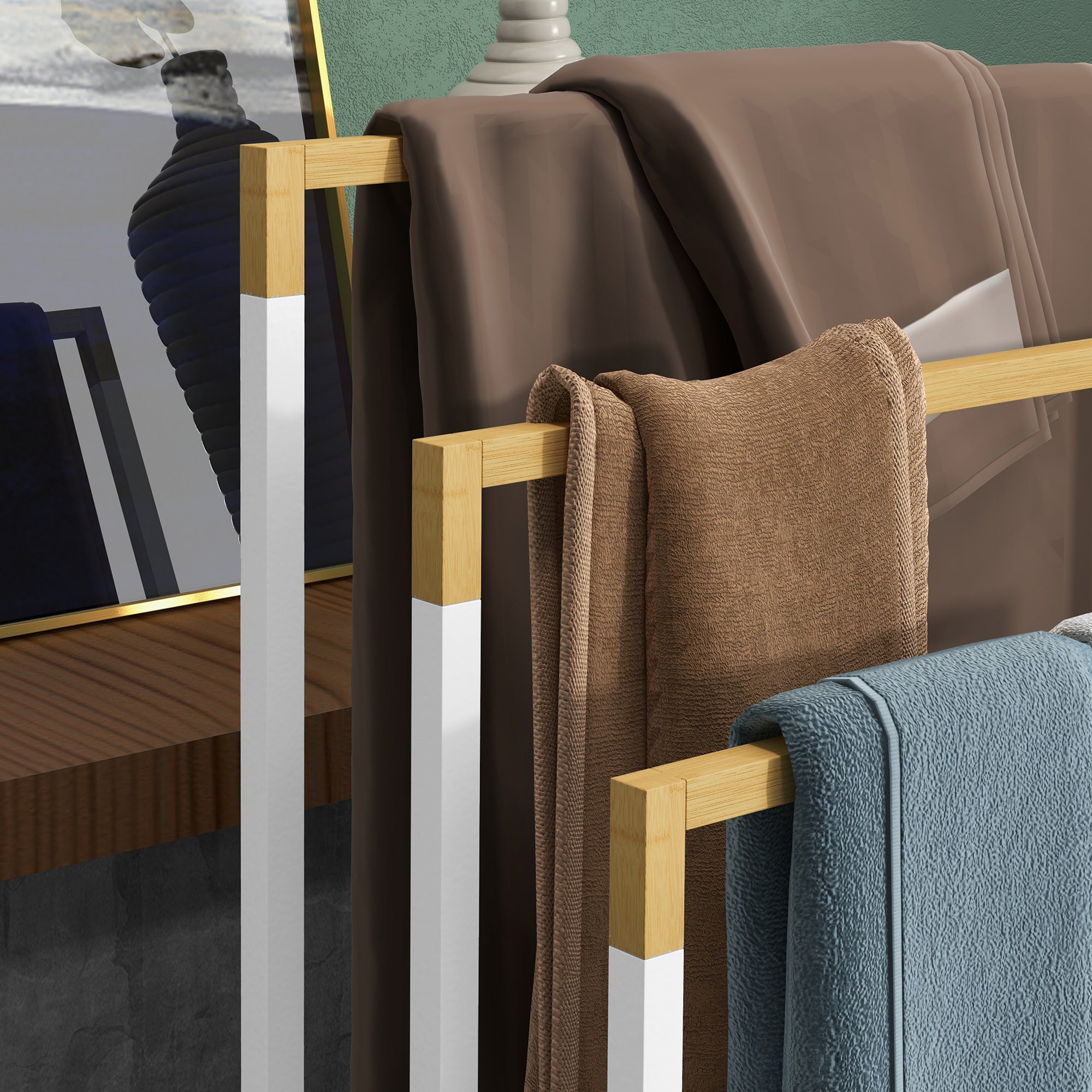 Freestanding Towel Rack, 3 Bars Bathroom Towel Holder, Steel and Bamboo, White