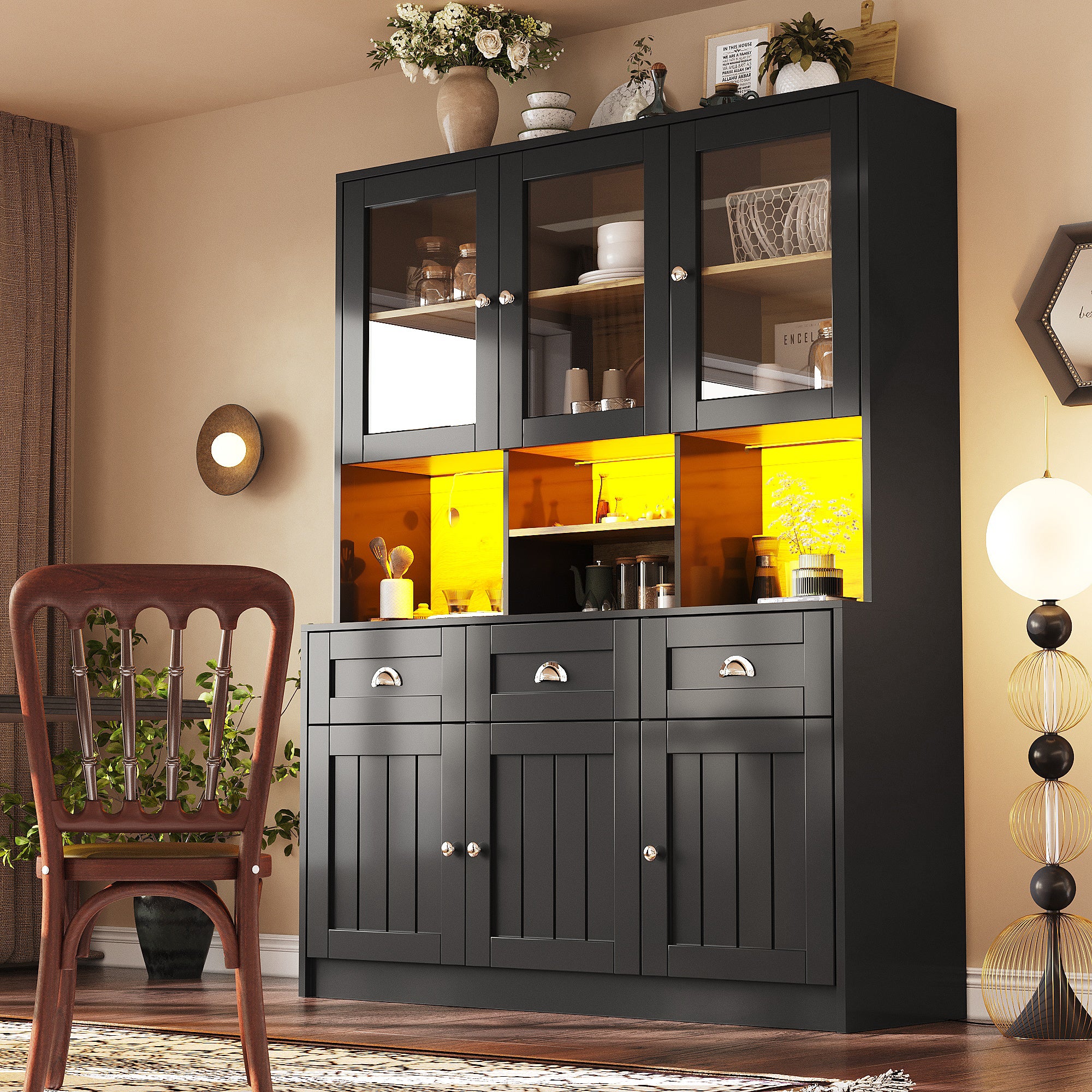 Tall Kitchen Cabinet 140x40x175cm Display Buffet Adjustable Shelves LED - White/Black