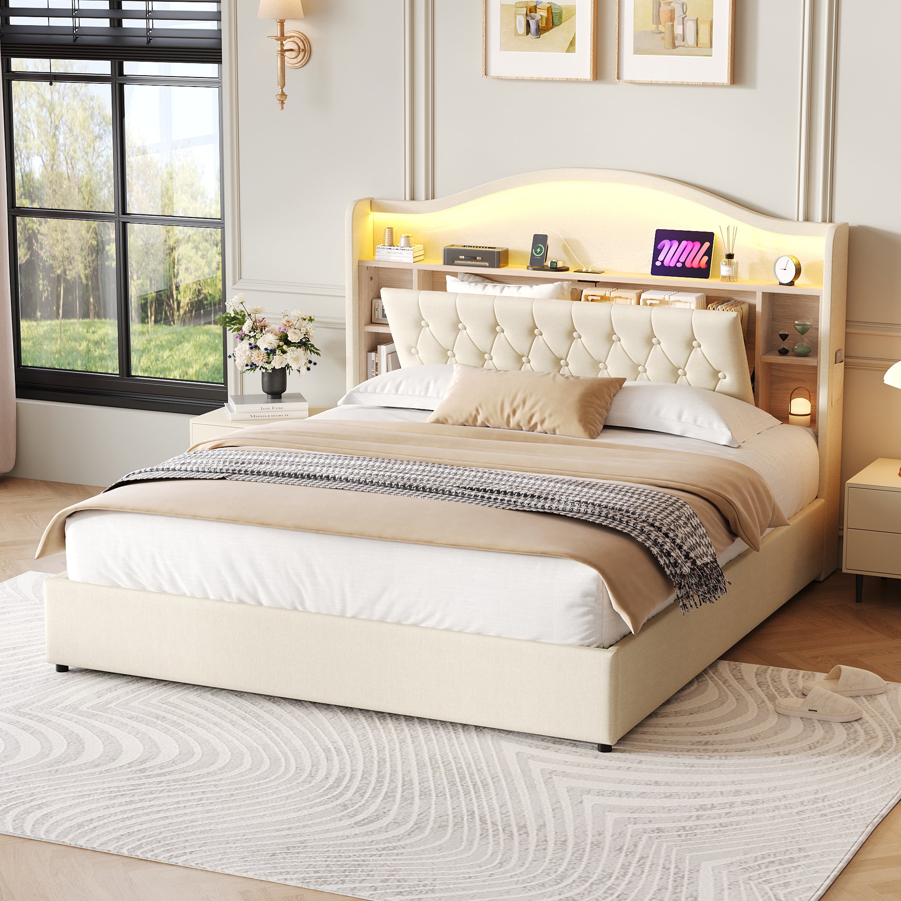 King Upholstered Bed Frame, Hydraulic Storage, LED Button Tufted Headboard w/ Charging Station, Linen Beige