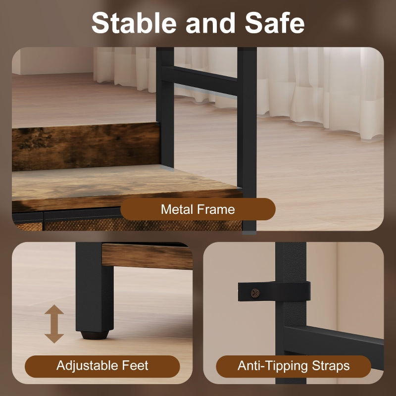 Industrial Style Bookcase, 4 Shelves 3 Fabric Drawers, Brown/Black