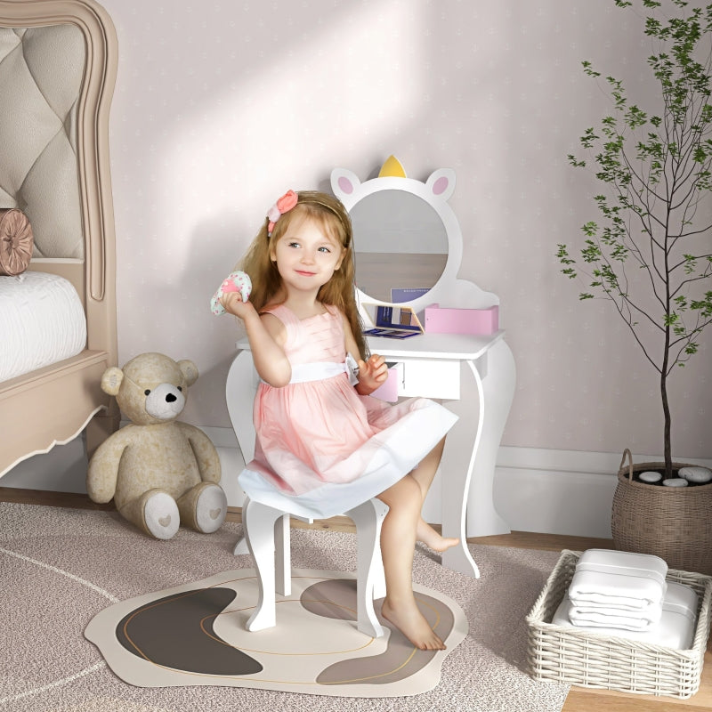 Unicorn-Design Kids Dressing Table with Mirror and Stool, White
