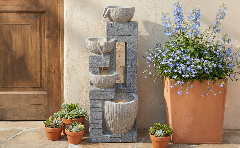 80 cm Layered Stone Basin with LED Fountain for Garden and Terrace, Stone Grey