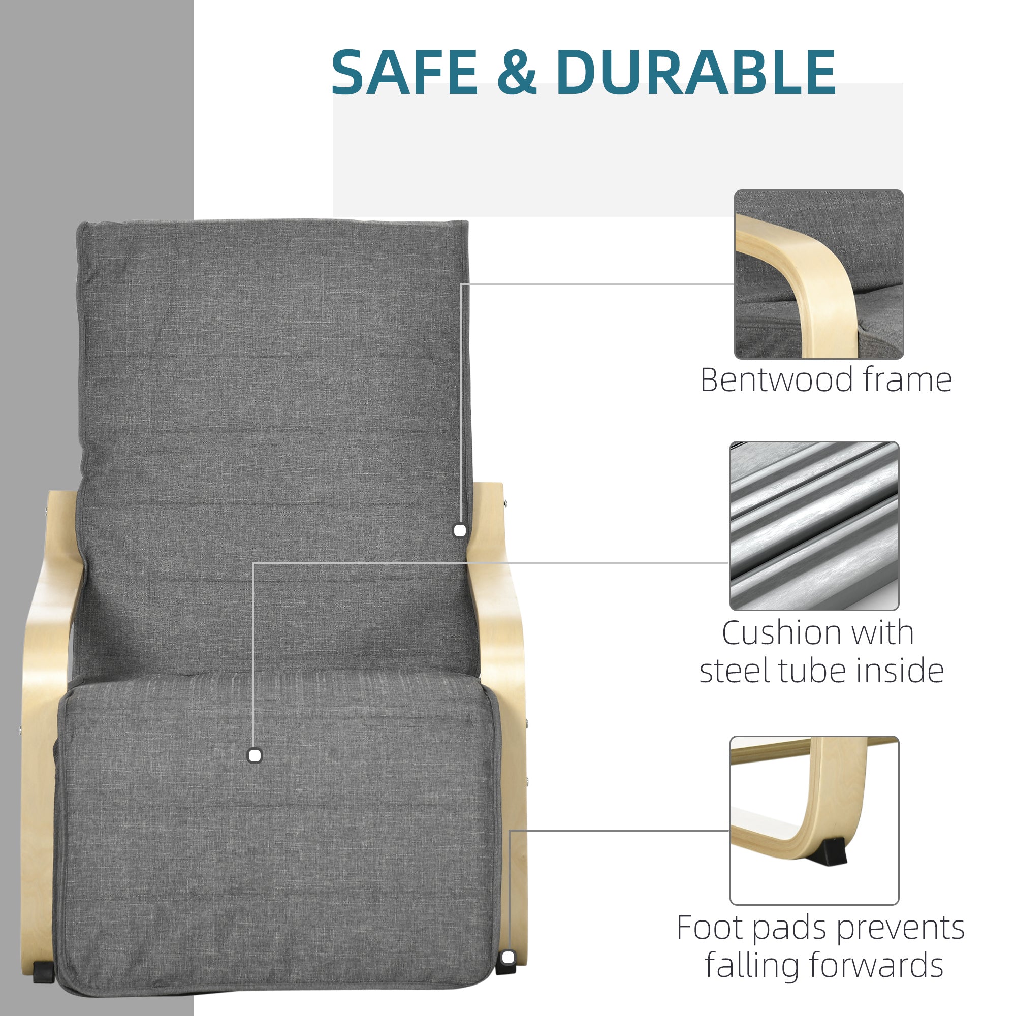 Wooden Lounging Chair Recliner with Adjustable Footrest & Removable Cushion, Dark Grey