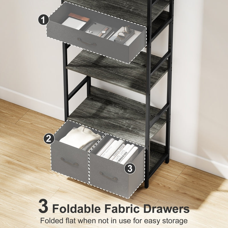 Industrial Style Bookcase, 4 Shelves 3 Fabric Drawers, Grey/Black