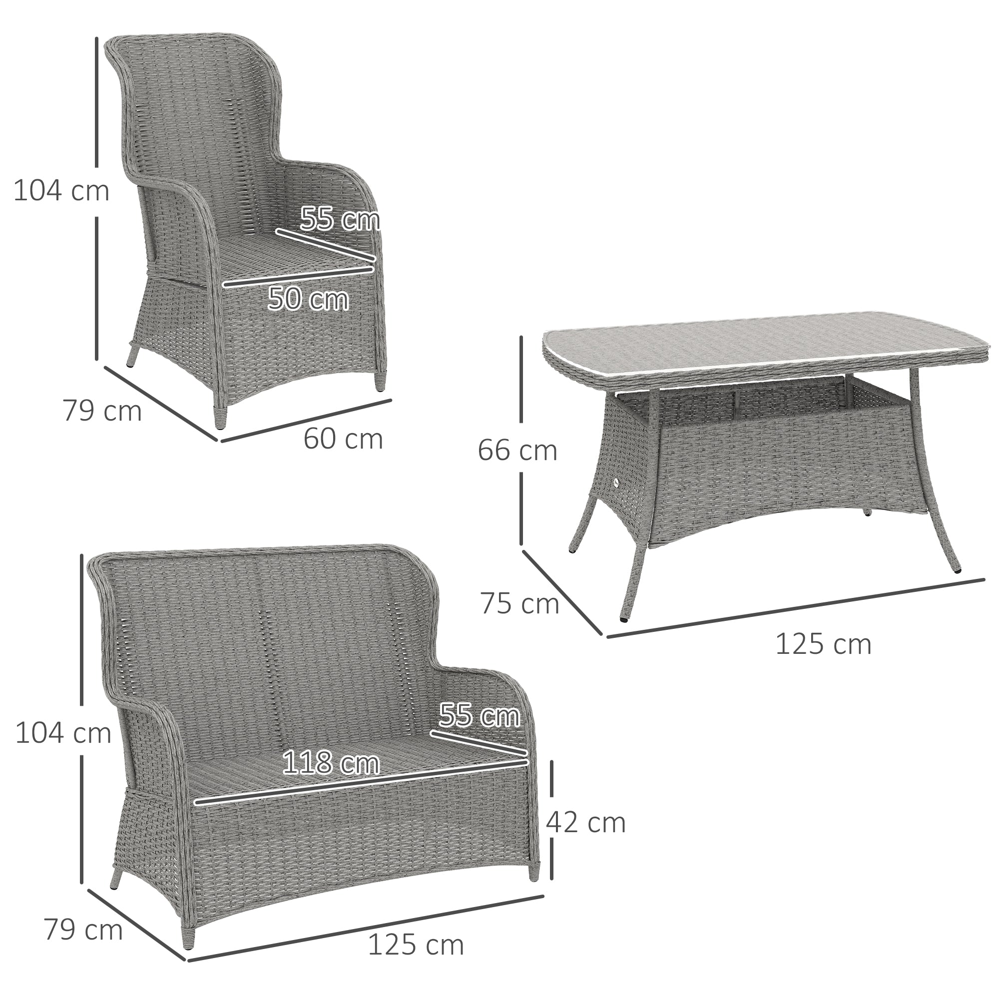 Garden PE Rattan Dining Sofa Set, 4 Seater High Back Wicker Chairs and Glass Table, Light Grey