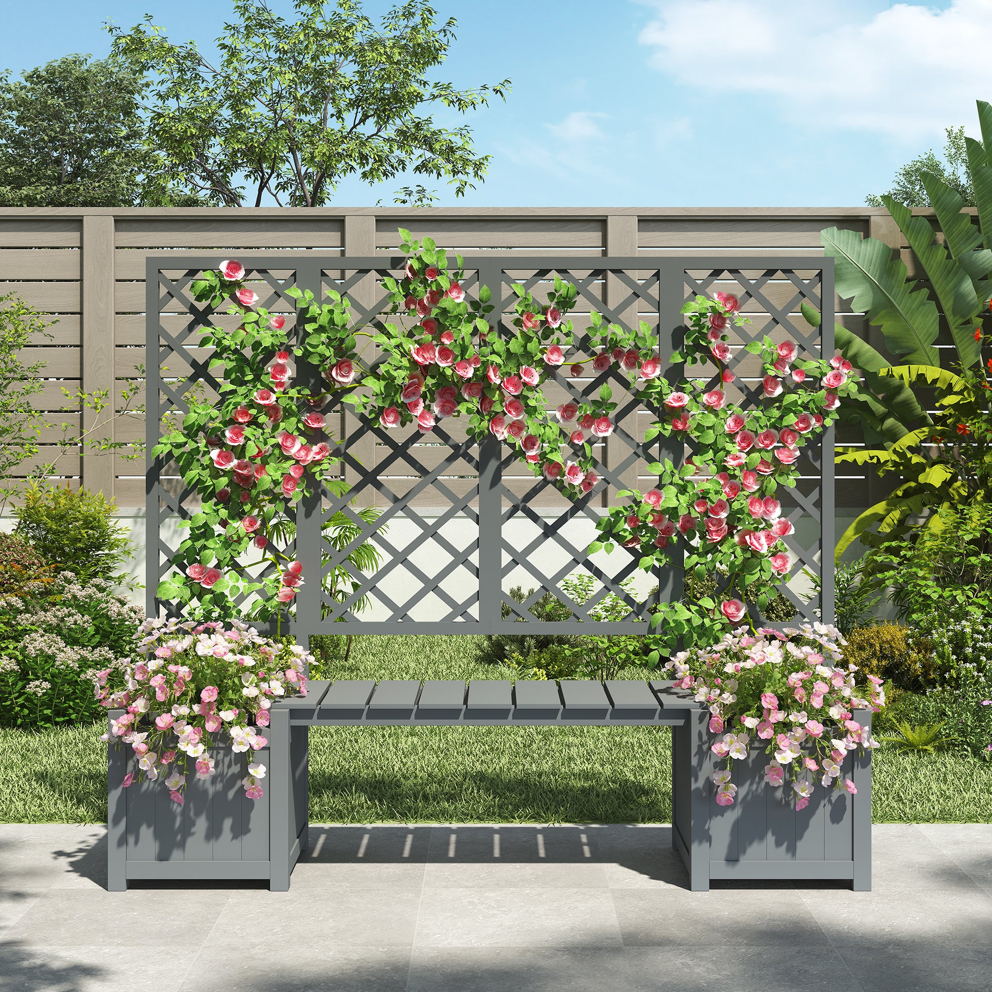 Planter Box with Trellis and Seating - Solid Grey Fir