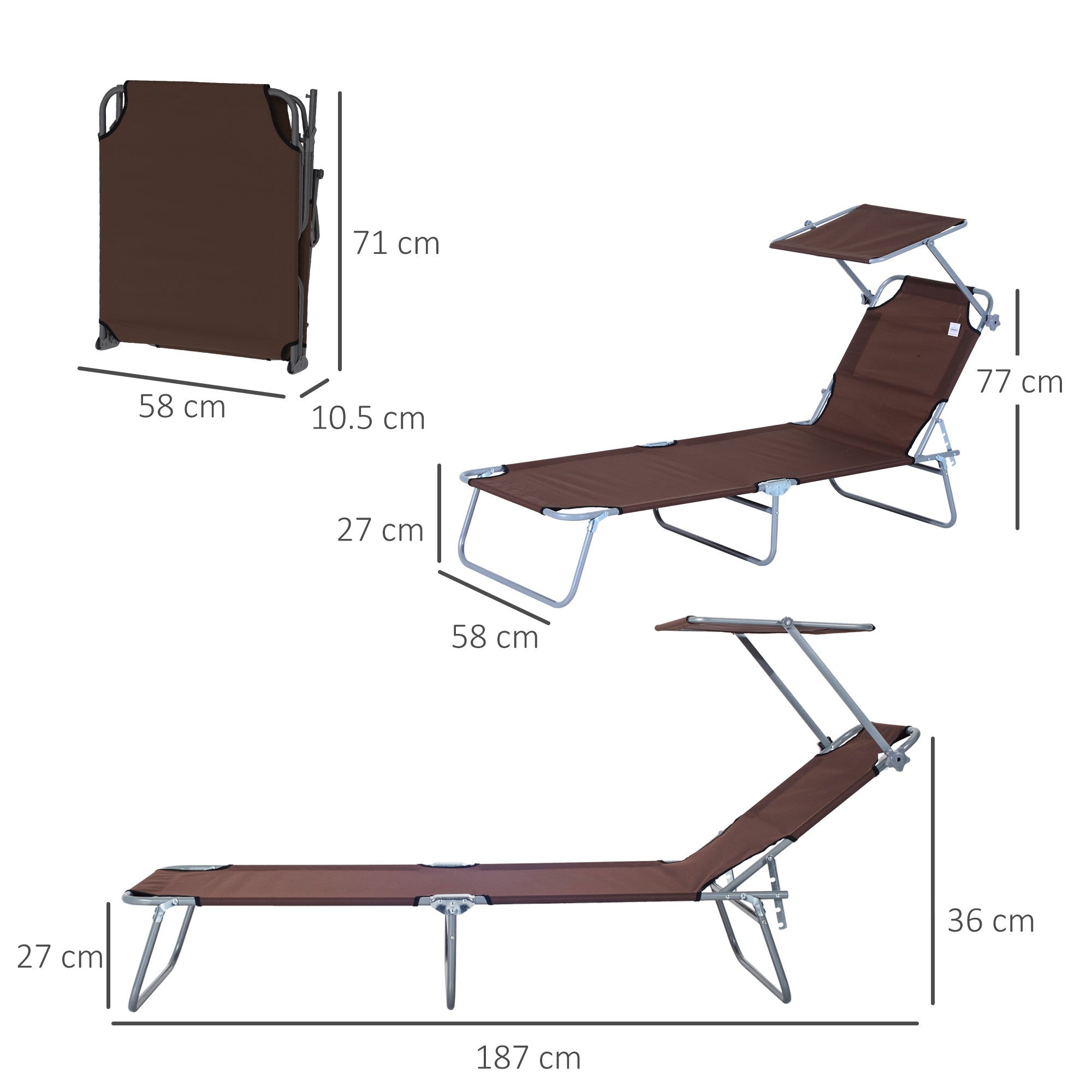 sun lounger foldable with sun protection, brown