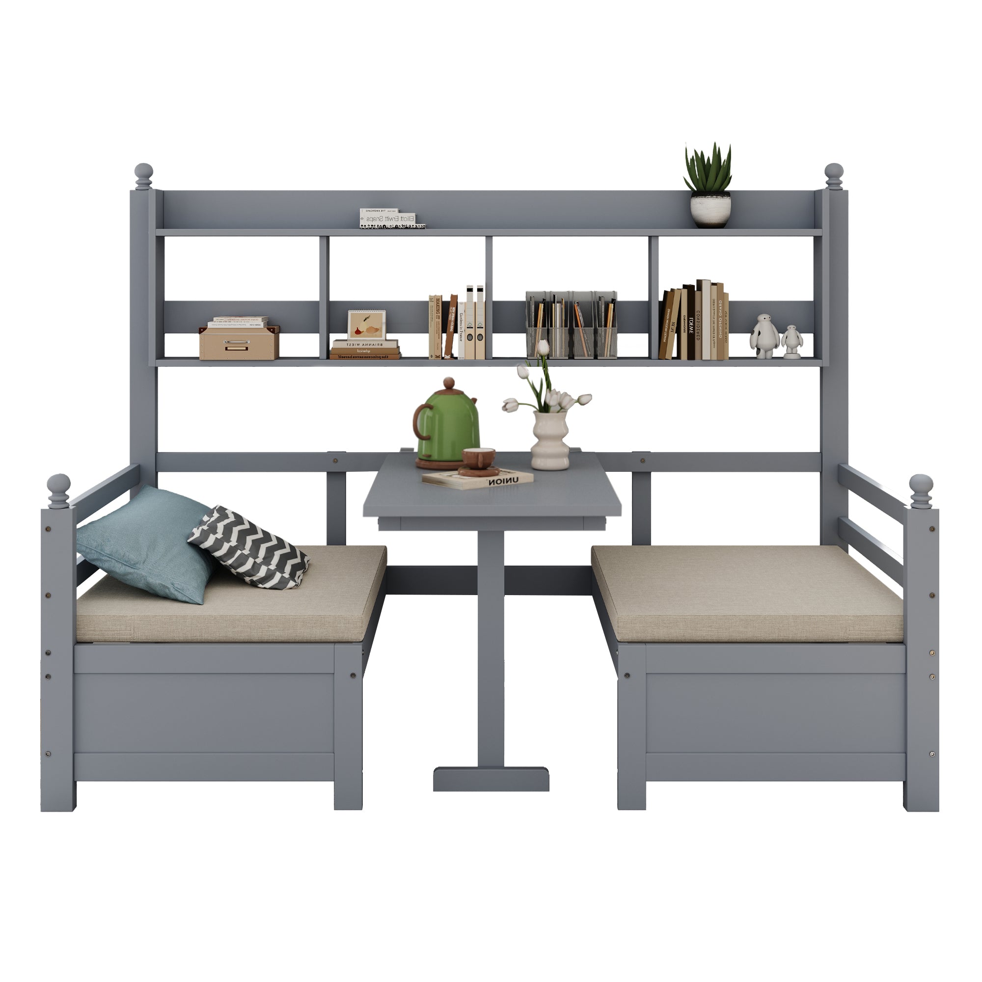 Sofa Bed, Multifunctional 2-in-1 Bed & Desk with Bookshelf, Solid Wood Gray