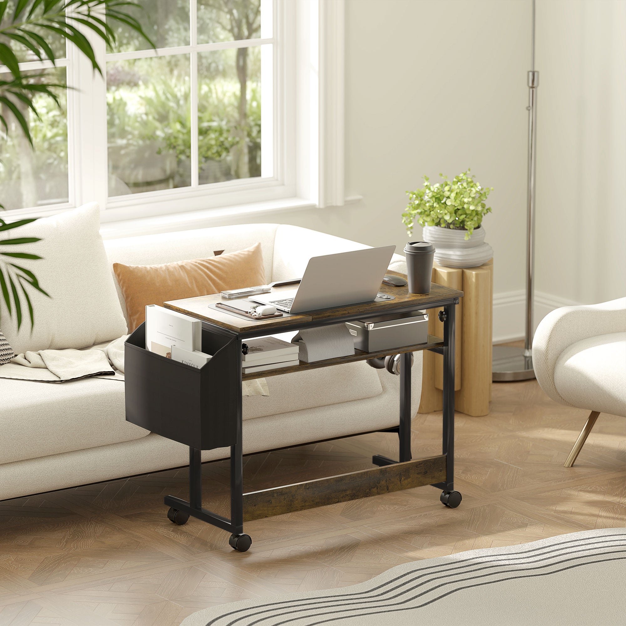 Height-Adjustable Desk, 92 x 40 cm, Tilting, Storage, Rustic Brown Steel