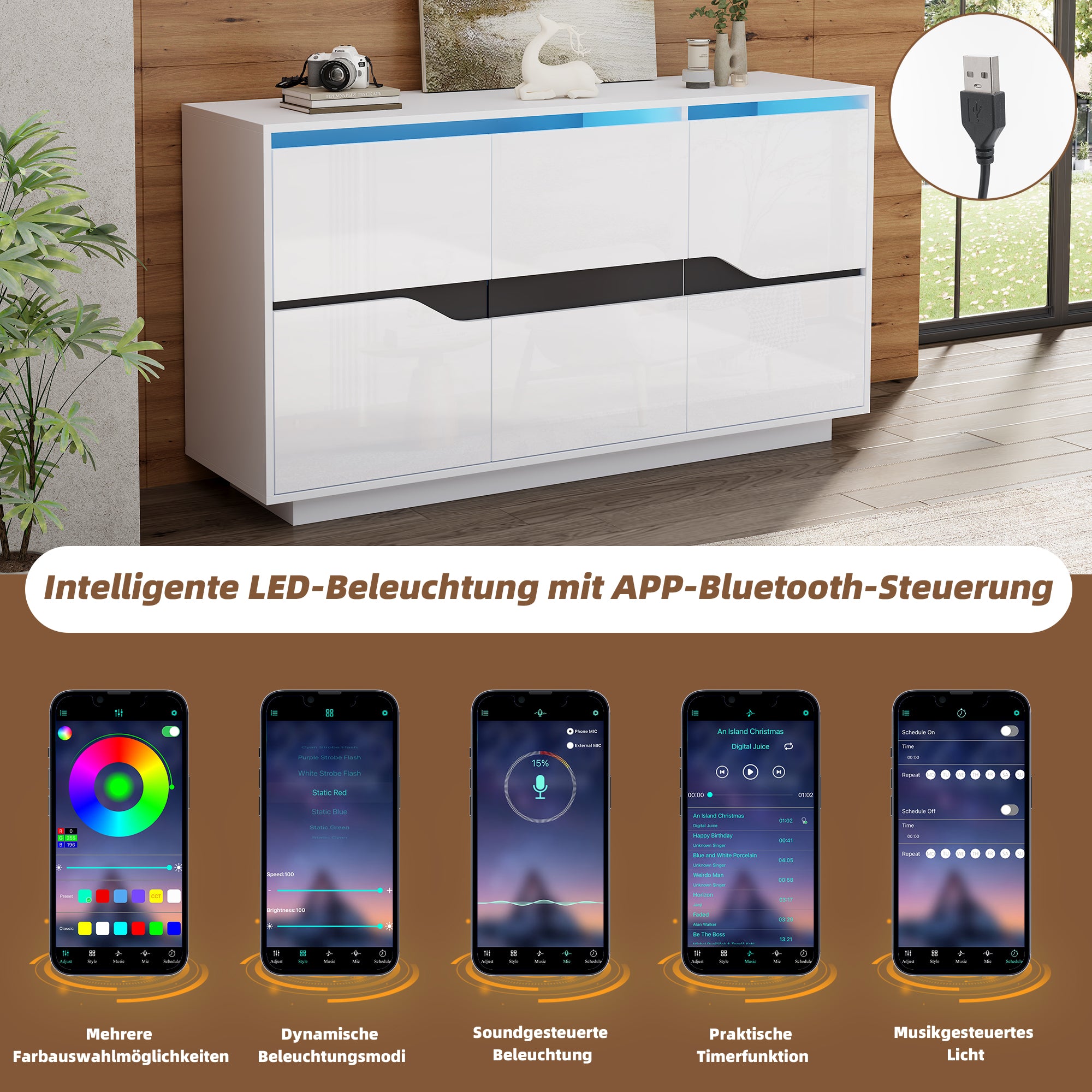 Sideboard, Living Room 140x40x76cm with 3 Doors, Adjustable Dividers, LED, White & Black