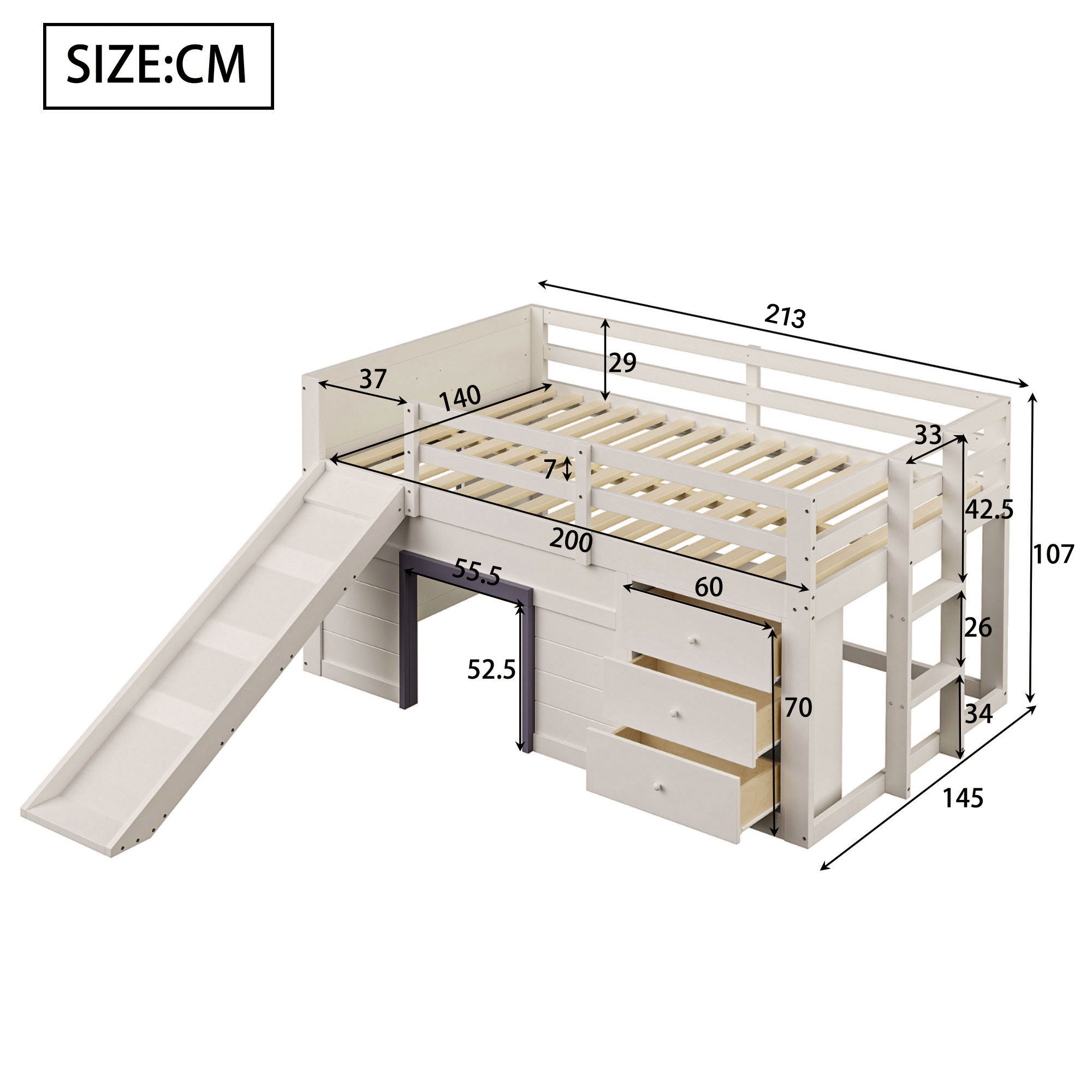 140 x 200 Low Loft Bed with Slide, Three Drawers and Two Doors, Cream