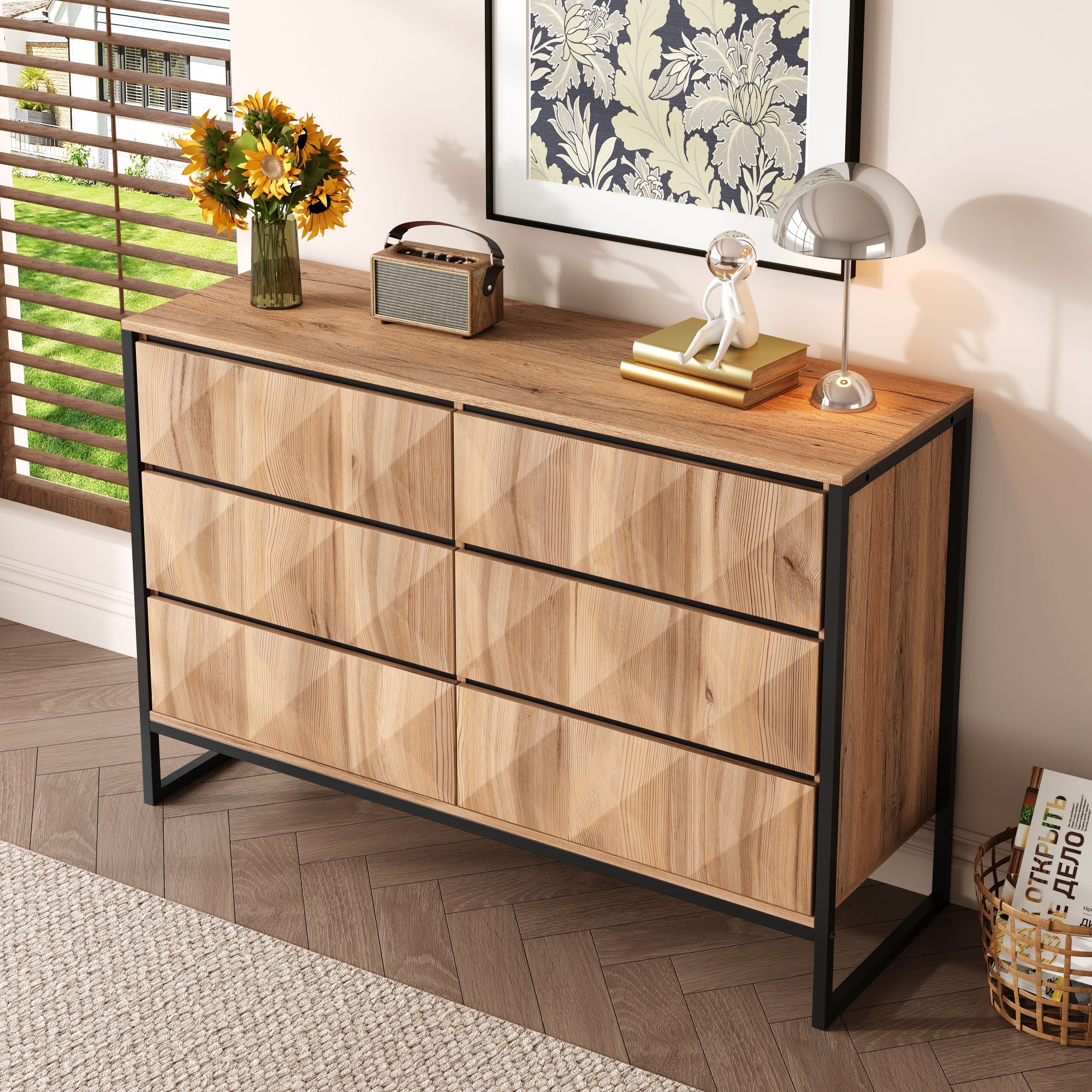 Sideboard & Chest of Drawers, Metal Legs, Raised Doors, Black and Natural Wood