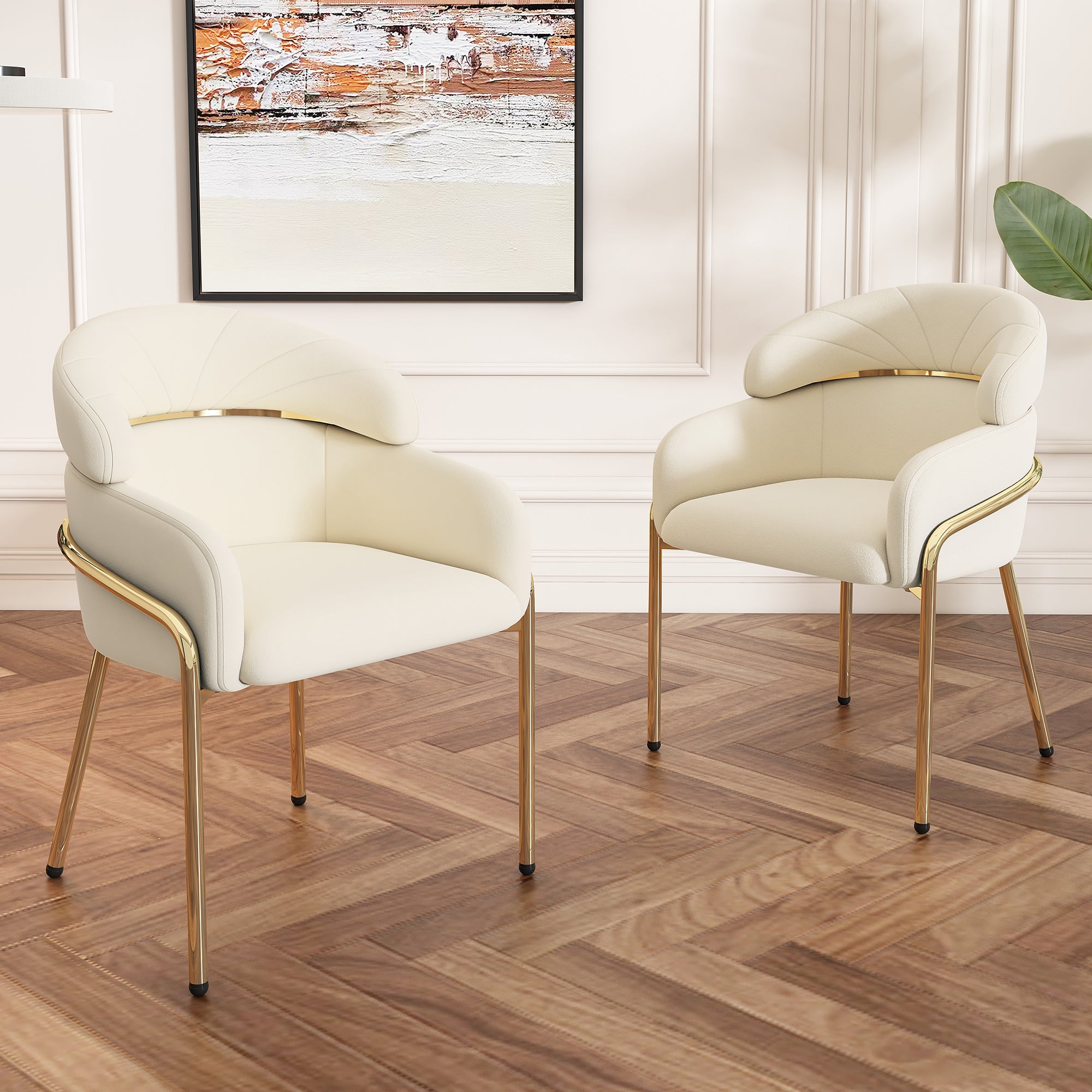 Light Luxury Dining Chair with Metal Legs, Velvet, Beige