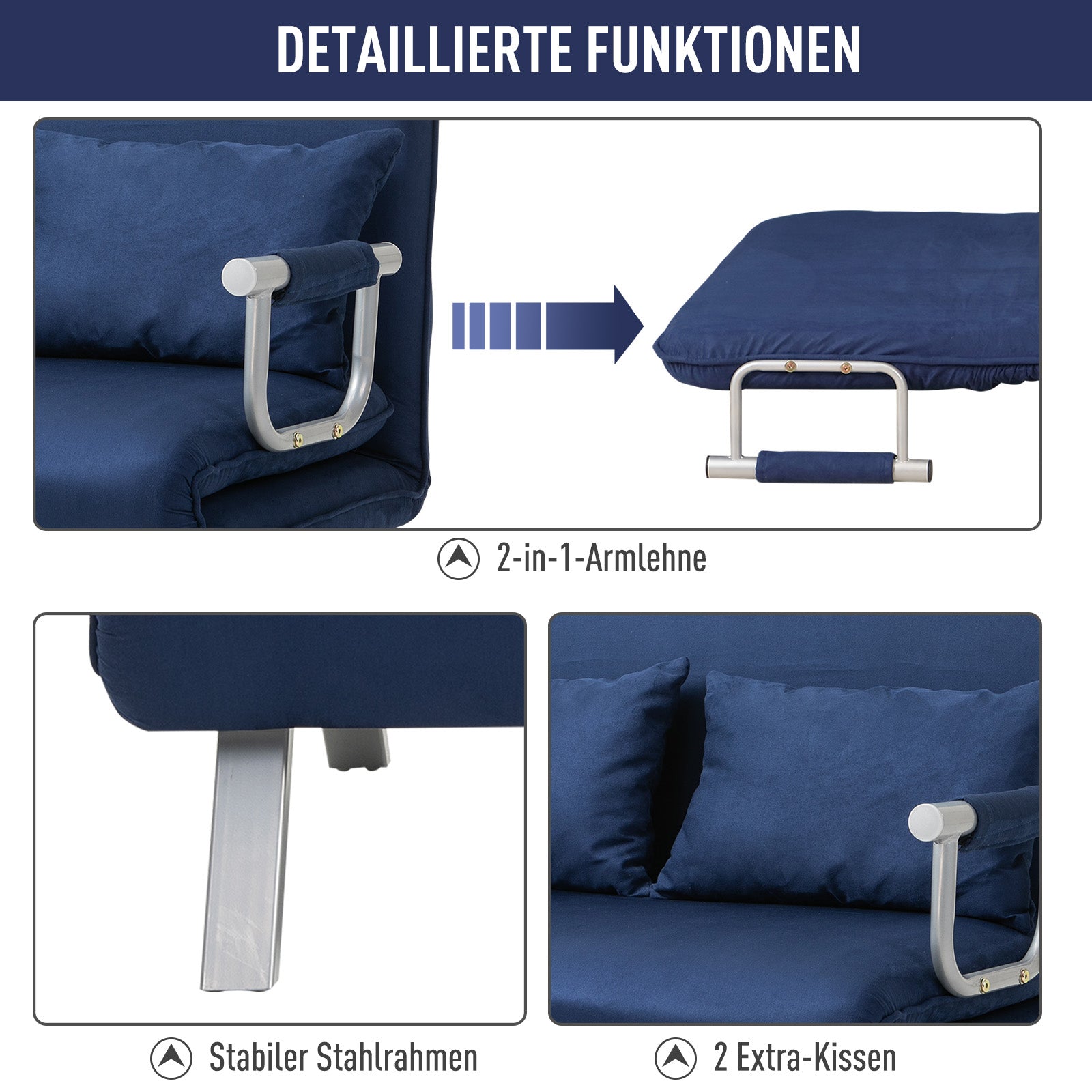 2-seater Sofa Bed, Adjustable Backrest, Velvet Blue