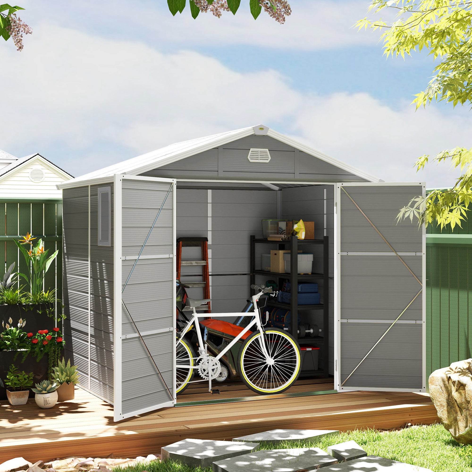 Aluminium Frame and Plastic Wall Shed, 7.9ft x 6.2ft with Foundation - Light Grey