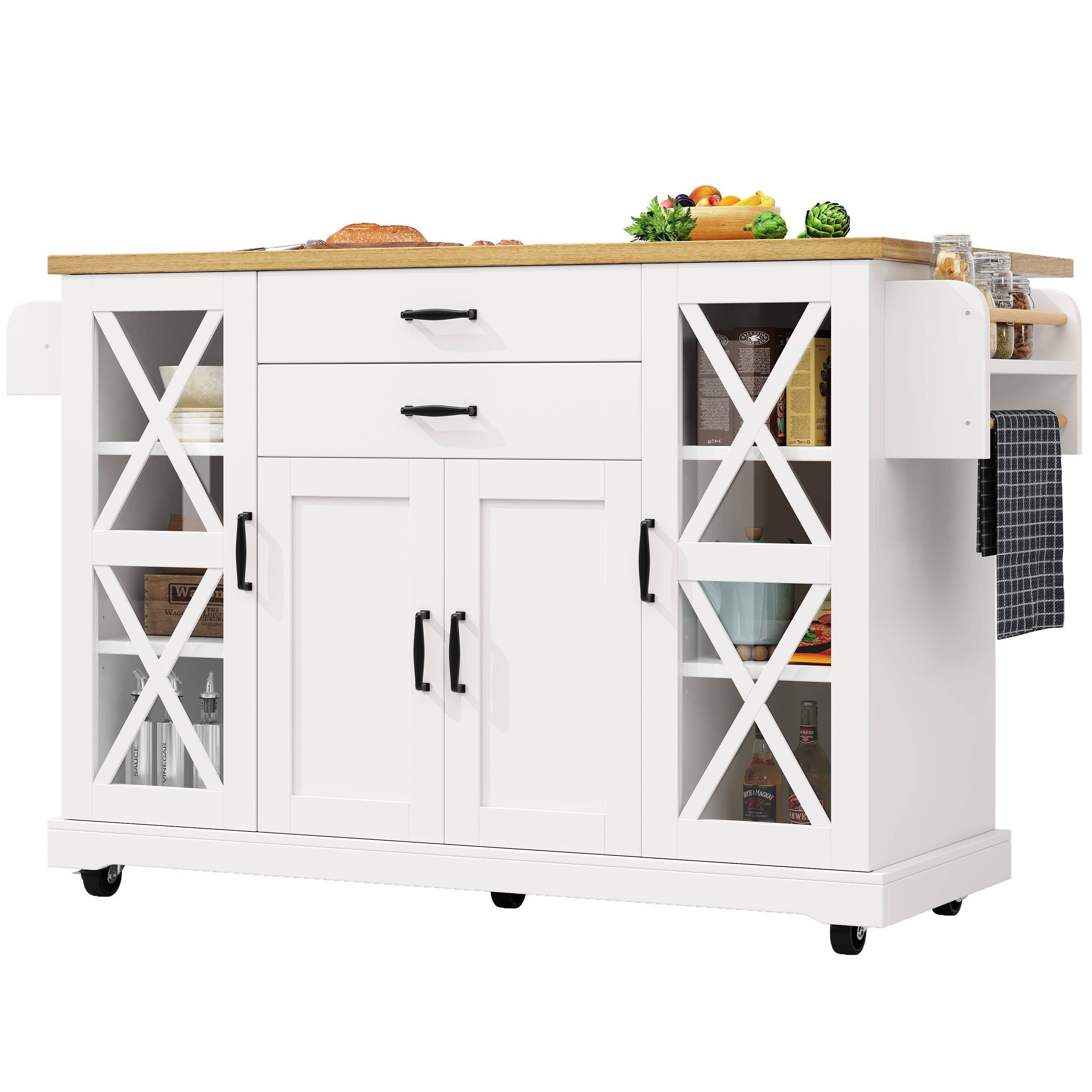 Mobile Kitchen Island Serving Trolley 4 Doors Glass Drawers Adjustable Shelves - White